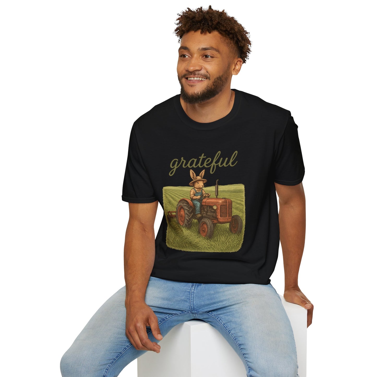 Grateful Acres Tractor Bunny Tee - Unisex Softstyle T-Shirt - Country Apparel - Farm Life Tee - Gift for Farmers & Rabbit Owners