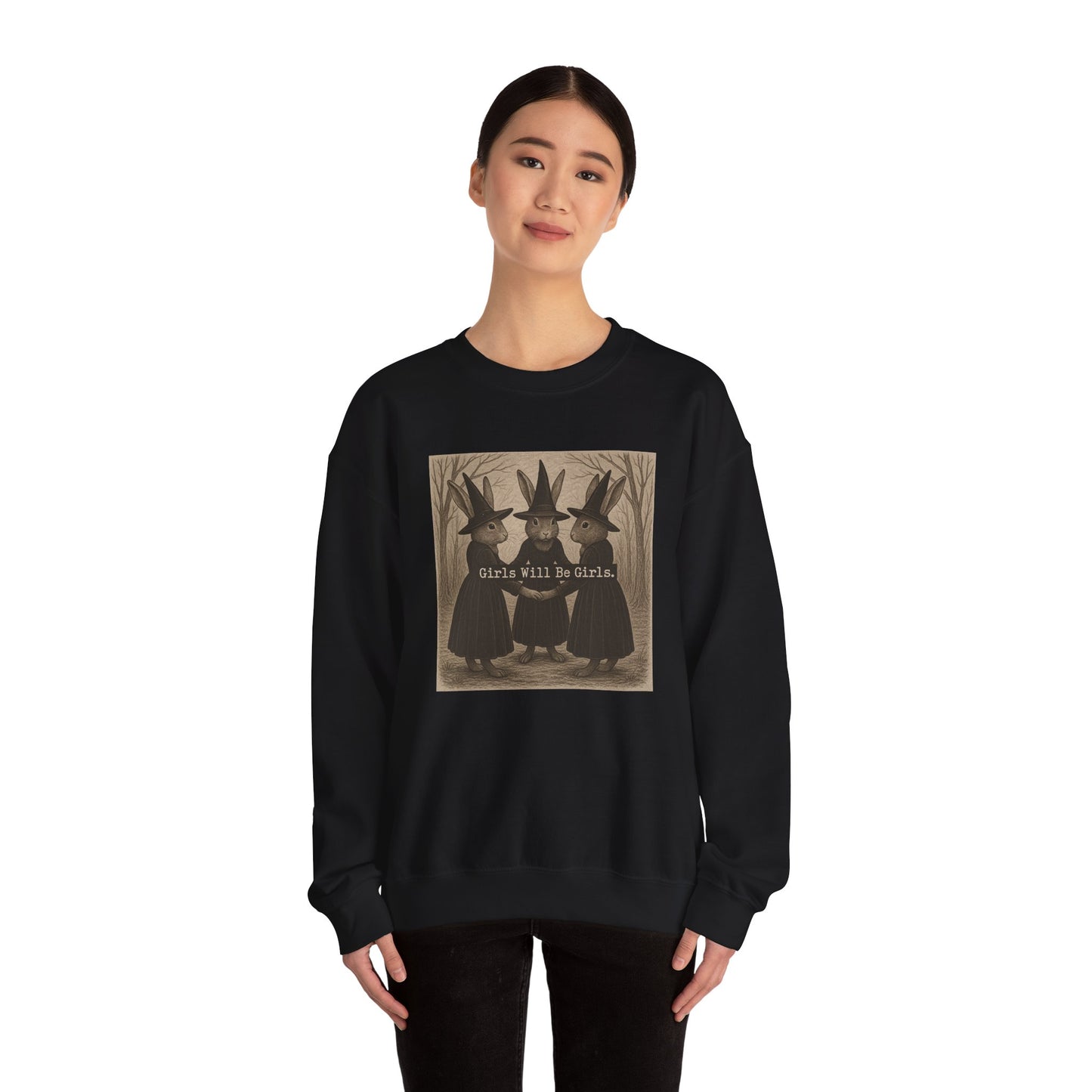 Girls Will Be Girls – Witchy Rabbit Crewneck Sweatshirt | Cozy Whimsical Rabbit Sweatshirt for Girls & Women - Halloween & Fall Collection