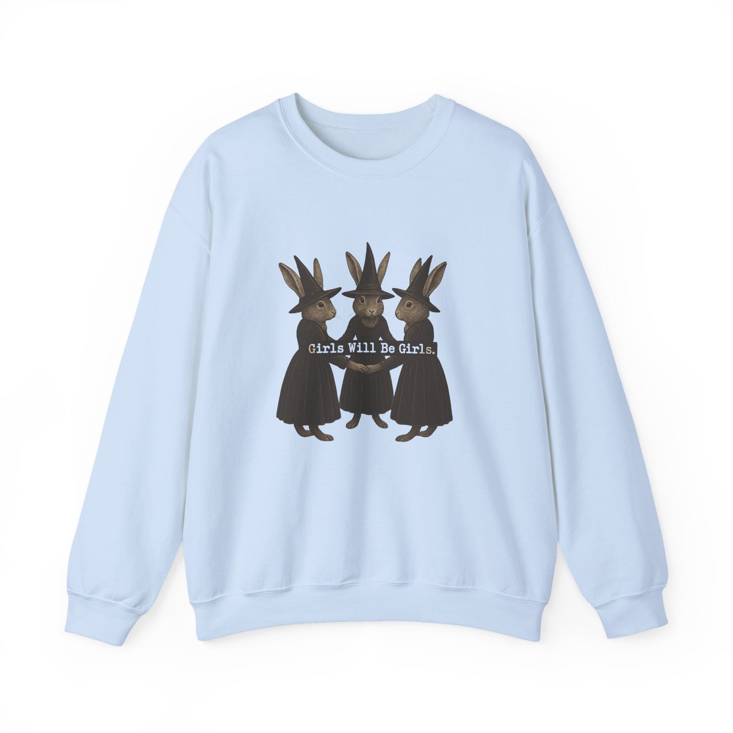 Girls Will Be Girls Witchy Rabbit Sweatshirt | Whimsical Bunny Witch Sisterhood Crewneck - Halloween & Fall Collection