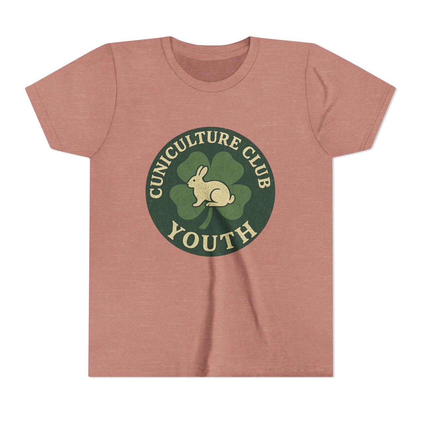 Cuniculture Club Youth Unisex T-Shirt – Distressed Clover & Bunny Emblem Tee - Fun Farm Kids Rabbit Club Shirt