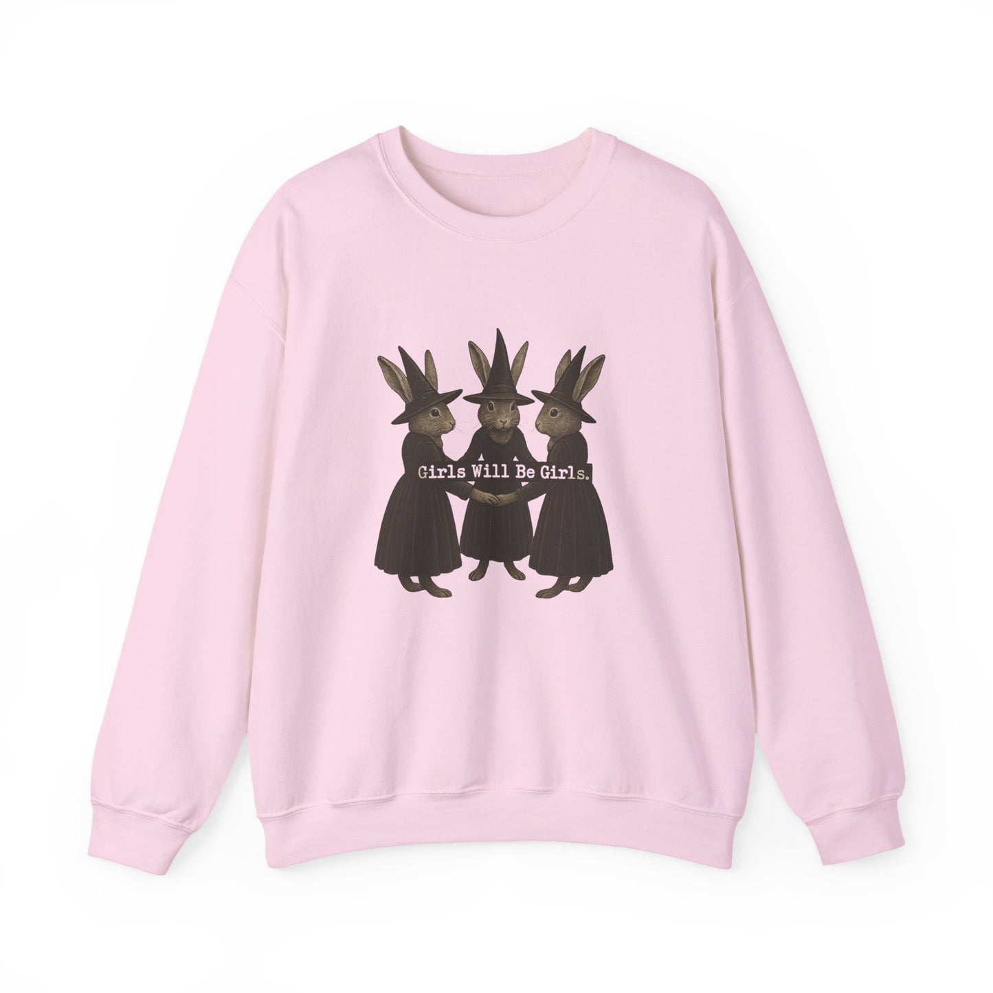 Girls Will Be Girls Witchy Rabbit Sweatshirt | Whimsical Bunny Witch Sisterhood Crewneck - Halloween & Fall Collection