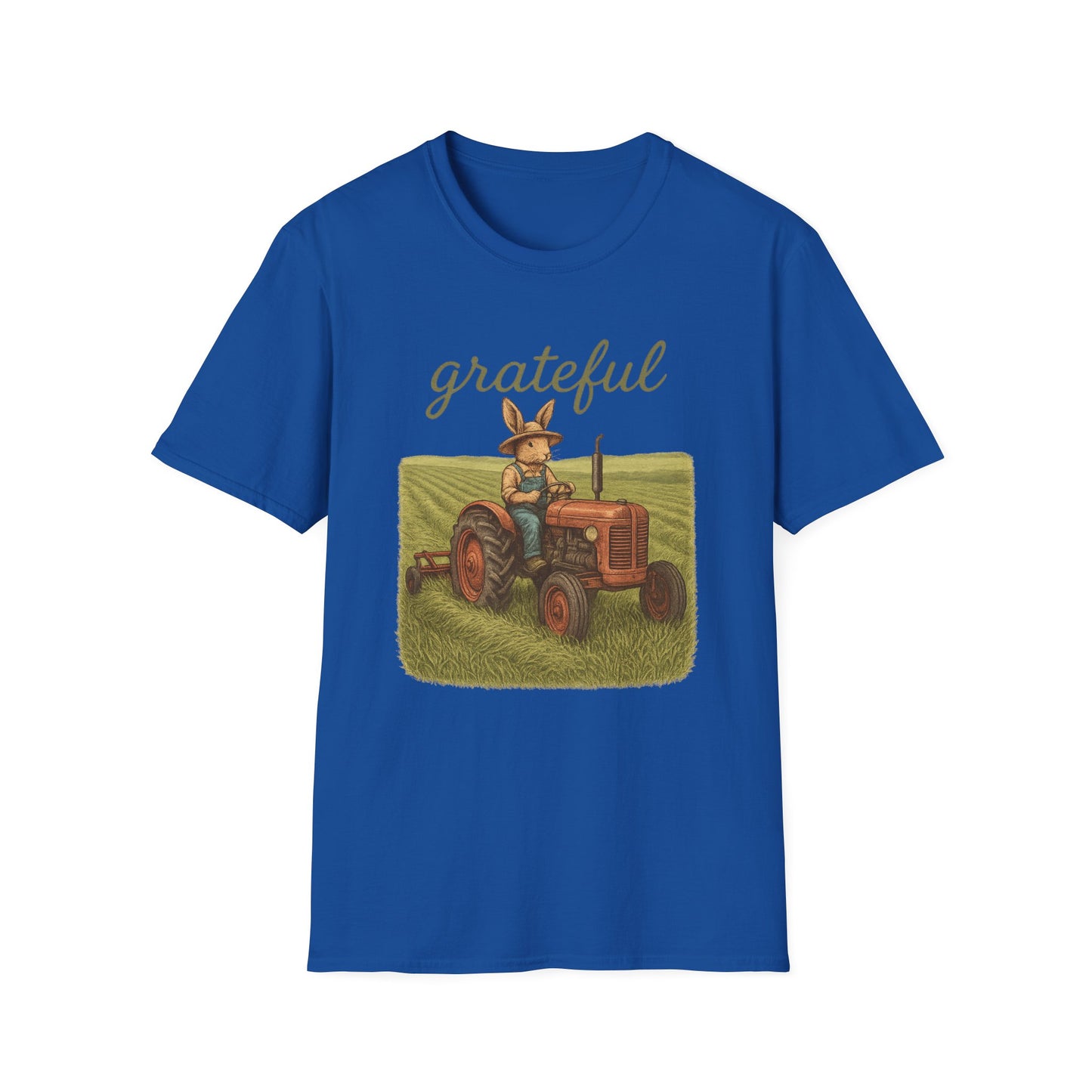 Grateful Acres Tractor Bunny Tee - Unisex Softstyle T-Shirt - Country Apparel - Farm Life Tee - Gift for Farmers & Rabbit Owners
