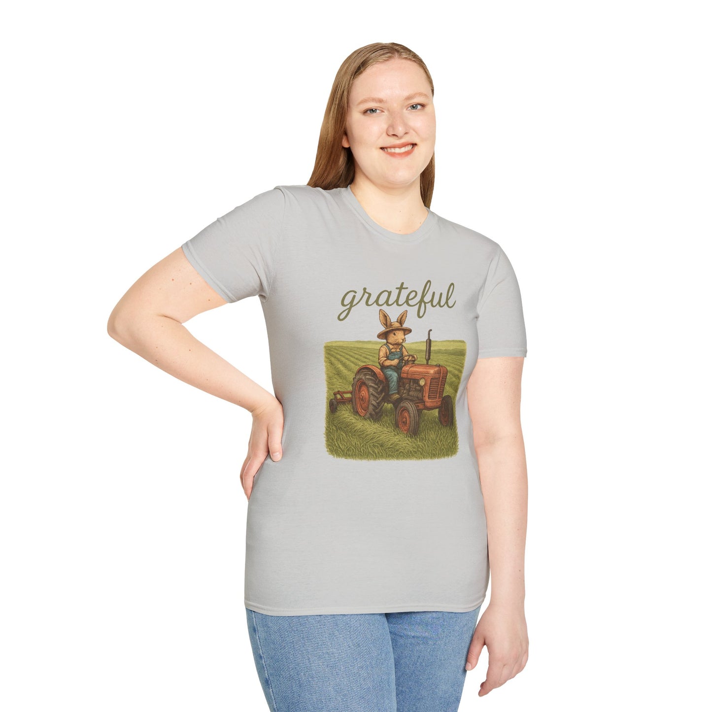 Grateful Acres Tractor Bunny Tee - Unisex Softstyle T-Shirt - Country Apparel - Farm Life Tee - Gift for Farmers & Rabbit Owners