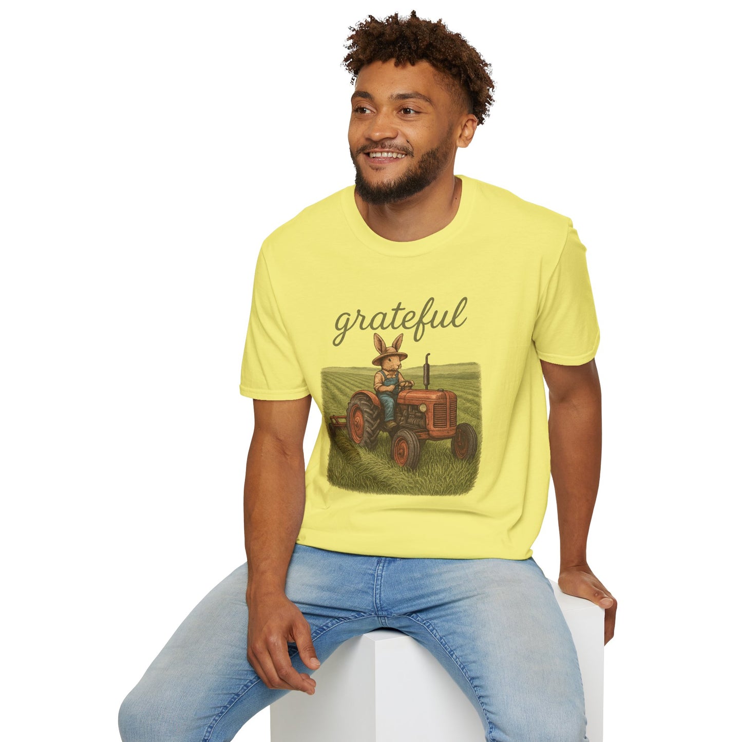 Grateful Acres Tractor Bunny Tee - Unisex Softstyle T-Shirt - Country Apparel - Farm Life Tee - Gift for Farmers & Rabbit Owners
