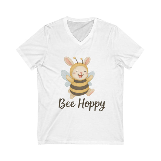 Bee Hoppy Bunny V-Neck T-Shirt – Cheerful Rabbit in Bumblebee Costume - Unisex Jersey Short Sleeve Tee