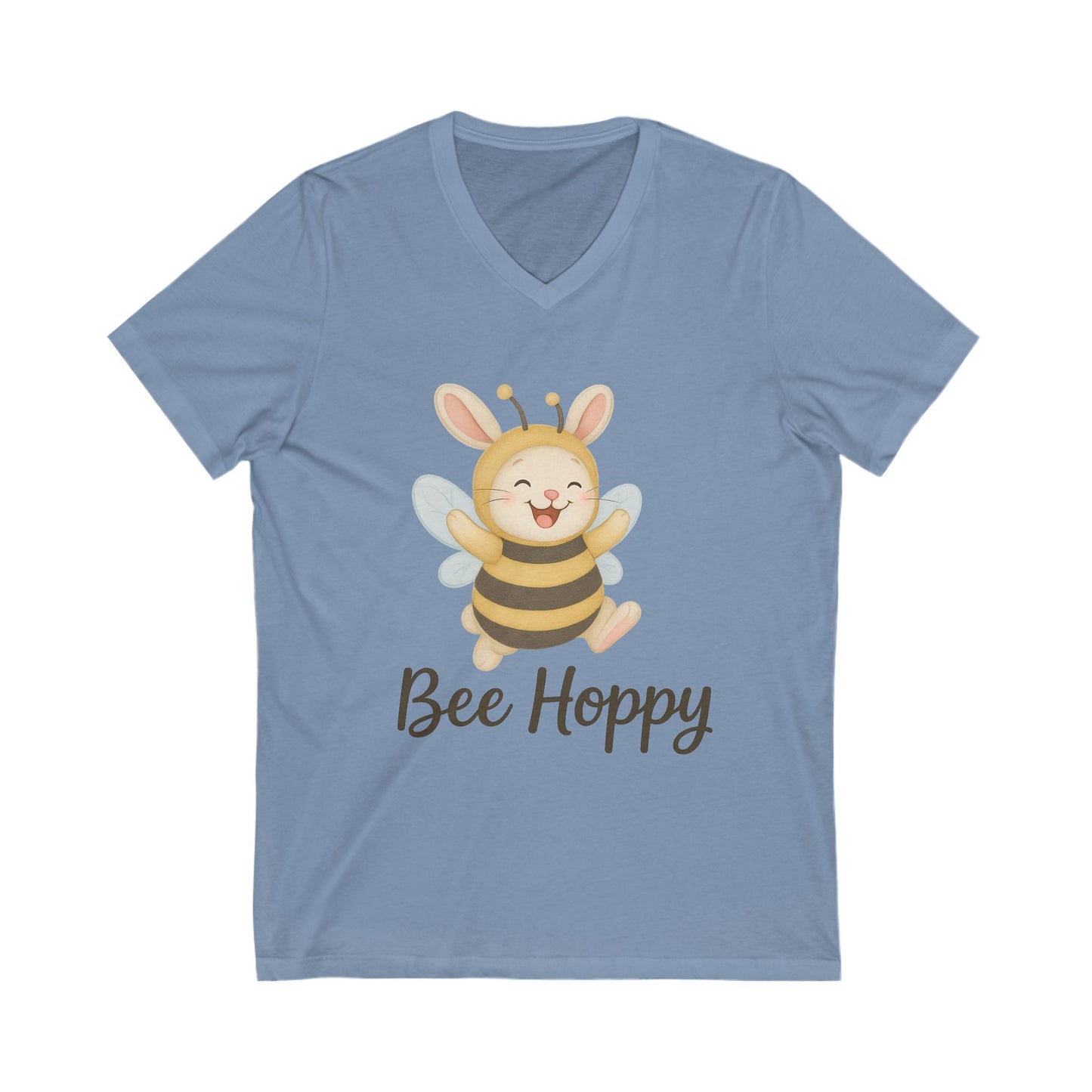 Bee Hoppy Bunny V-Neck T-Shirt – Cheerful Rabbit in Bumblebee Costume - Unisex Jersey Short Sleeve Tee