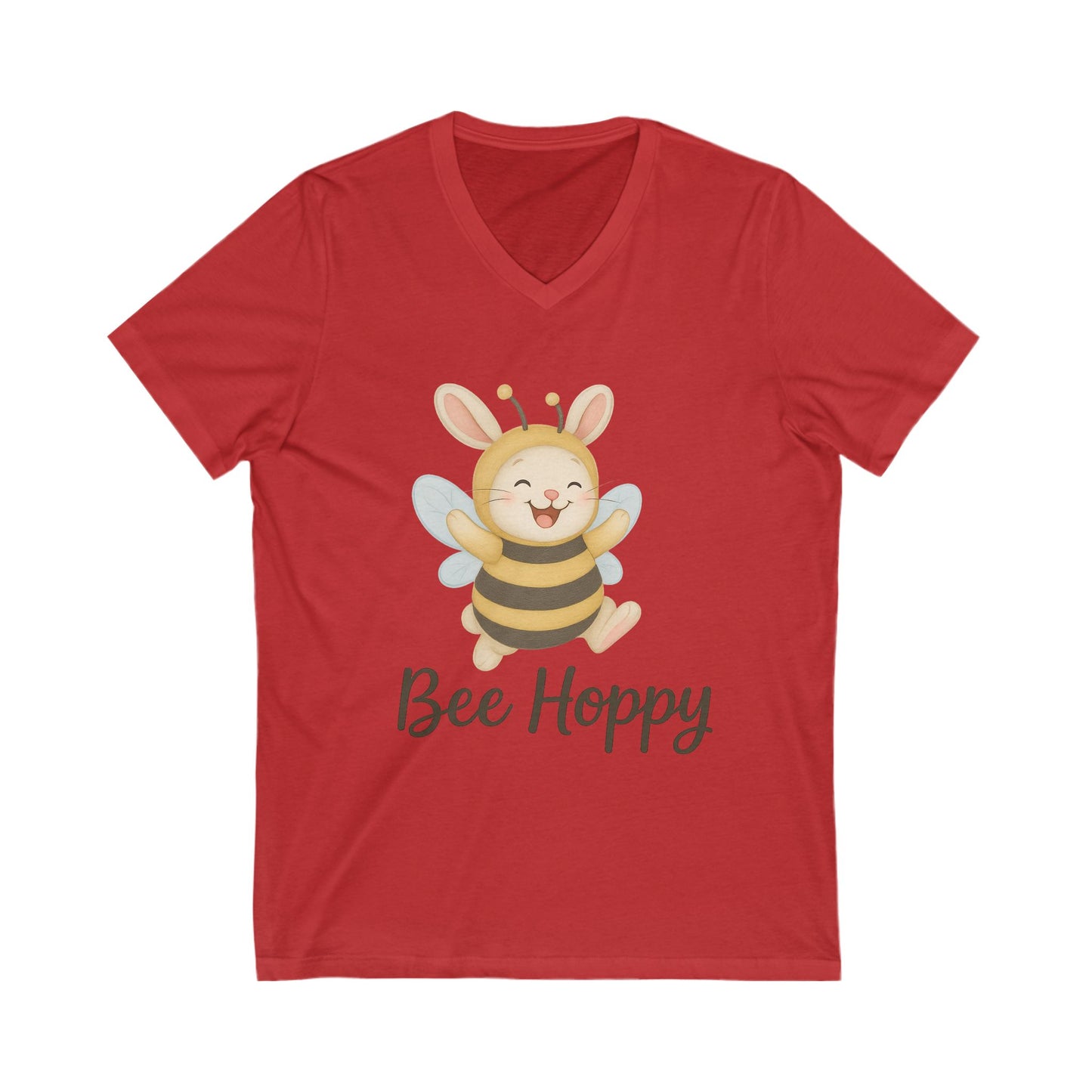 Bee Hoppy Bunny V-Neck T-Shirt – Cheerful Rabbit in Bumblebee Costume - Unisex Jersey Short Sleeve Tee