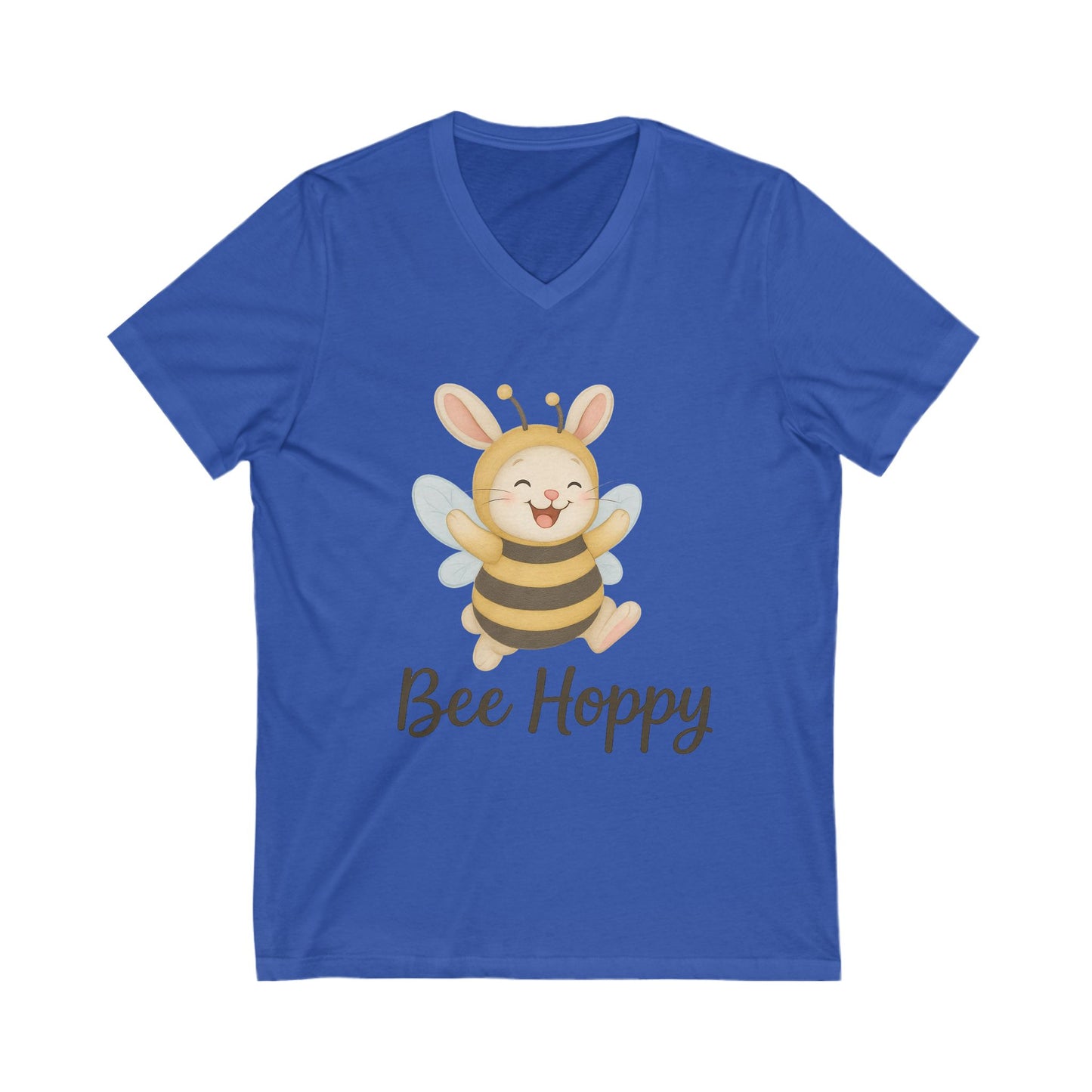 Bee Hoppy Bunny V-Neck T-Shirt – Cheerful Rabbit in Bumblebee Costume - Unisex Jersey Short Sleeve Tee