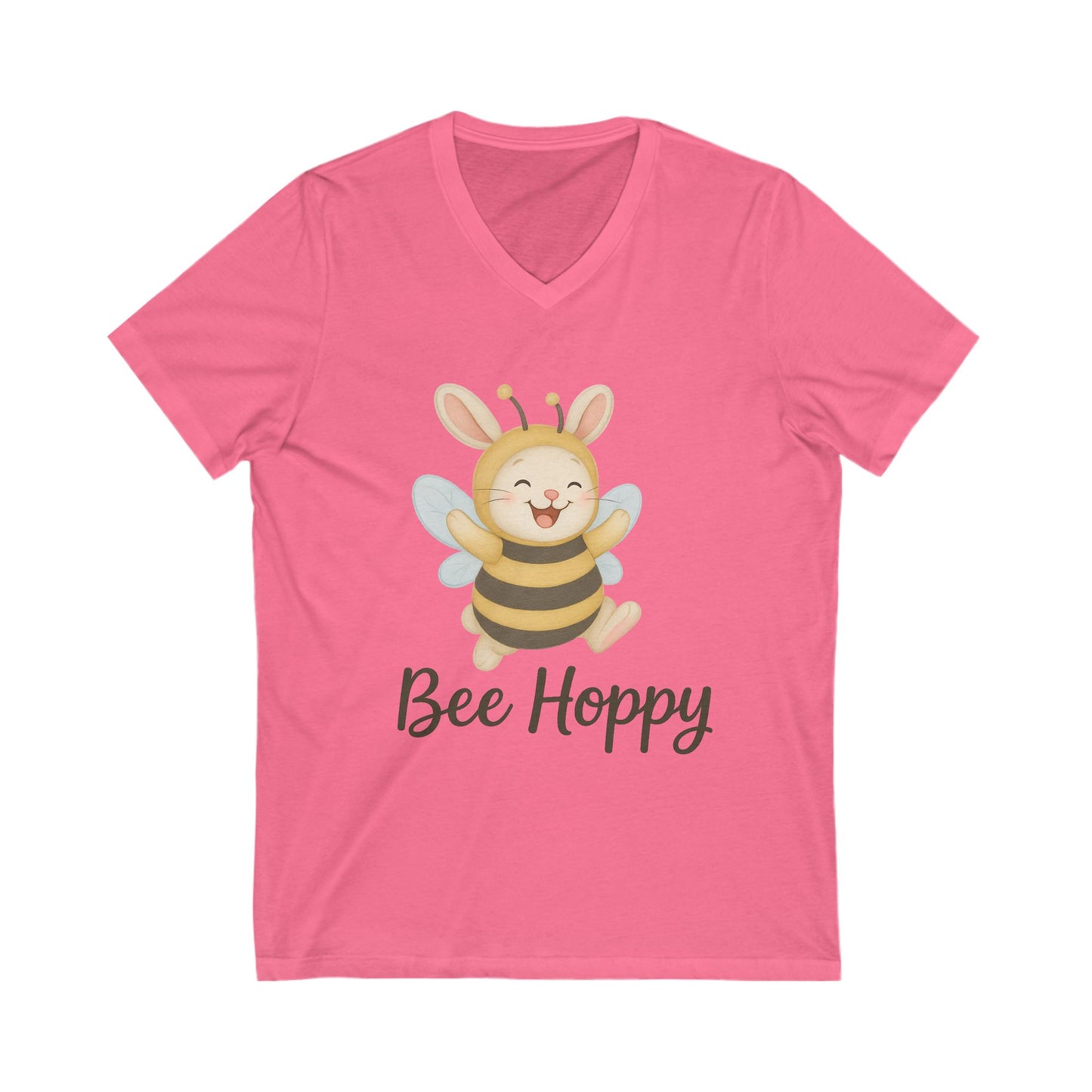 Bee Hoppy Bunny V-Neck T-Shirt – Cheerful Rabbit in Bumblebee Costume - Unisex Jersey Short Sleeve Tee