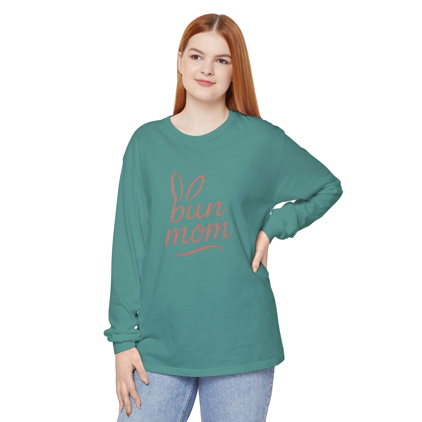 Bun Mom Long Sleeve T-Shirt | Rabbit Ears Vintage Dusty Rose Ink Script Tee - Bunny Lovers Gift Idea