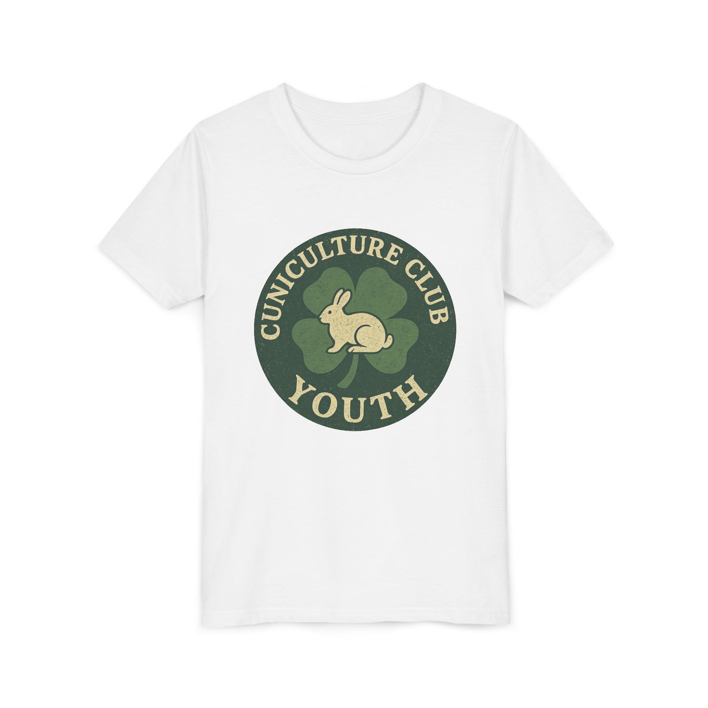Cuniculture Club Youth Unisex T-Shirt – Distressed Clover & Bunny Emblem Tee - Fun Farm Kids Rabbit Club Shirt