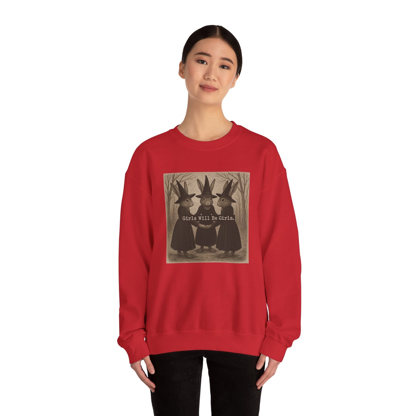 Girls Will Be Girls – Witchy Rabbit Crewneck Sweatshirt | Cozy Whimsical Rabbit Sweatshirt for Girls & Women - Halloween & Fall Collection