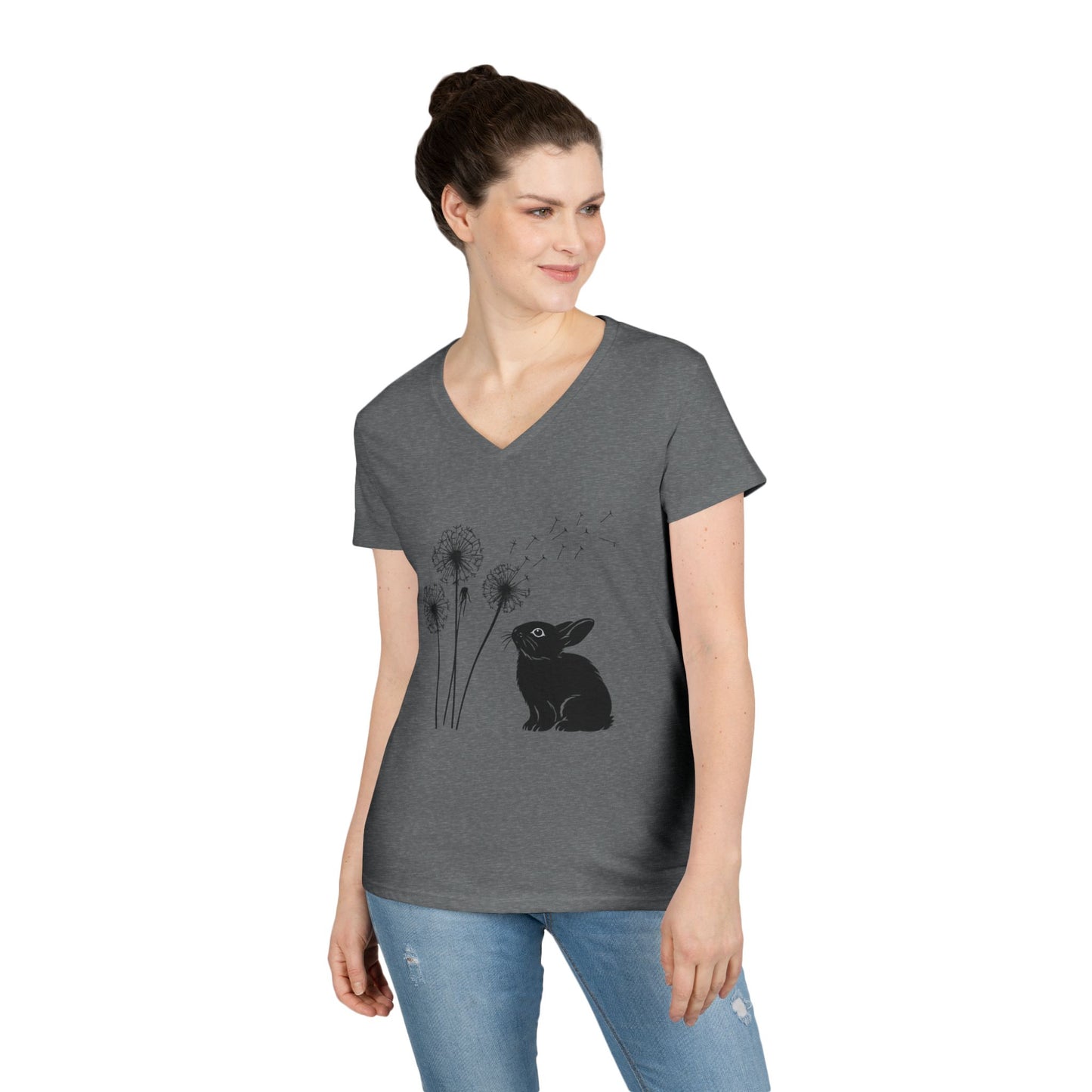 Wishful Whiskers Bunny & Dandelion V-Neck Tee – Cuniculture Club Original Whimsical Rabbit Shirt - Floral Dandelion Fashion - Nature Lover Gift