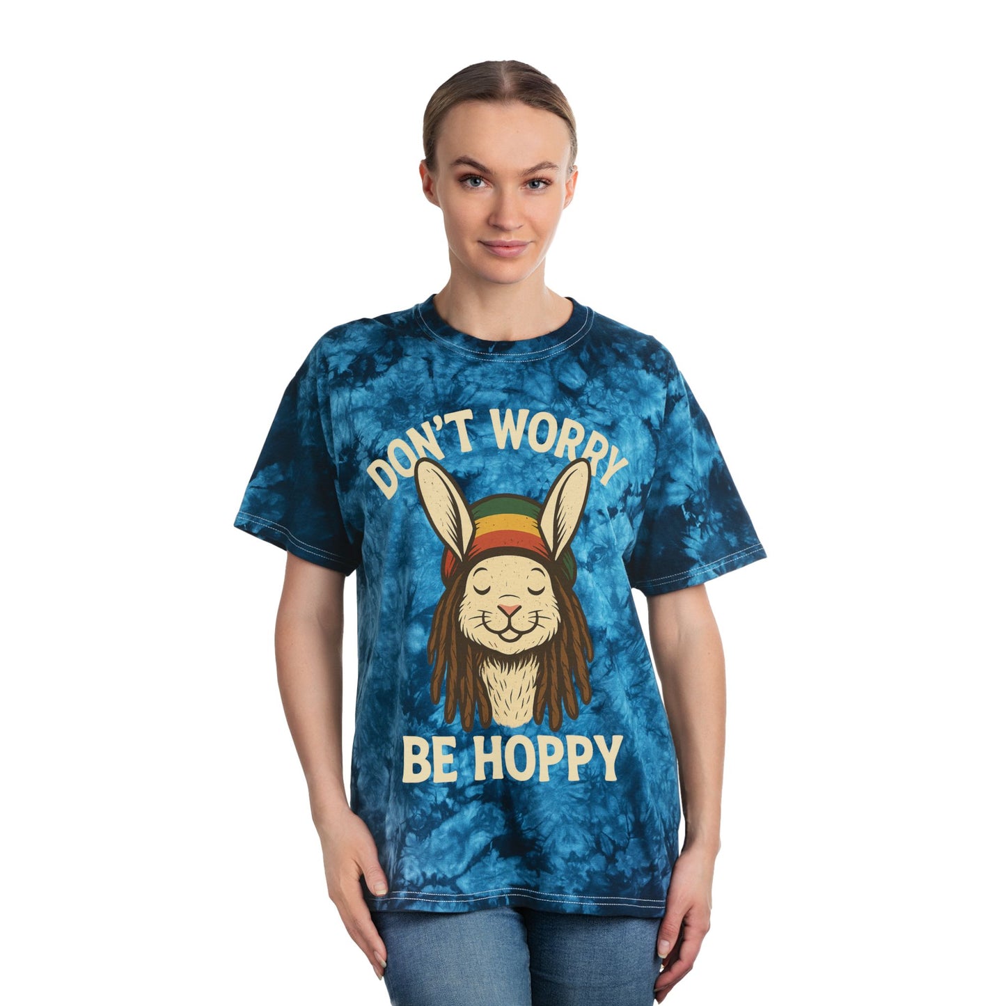 Don’t Worry Be Hoppy Tie-Dye Bunny Tee - Rasta Rabbit Reggae Hipster Shirt - Bohemian Style Top - Unisex Summer Tee - Vacation Outfit