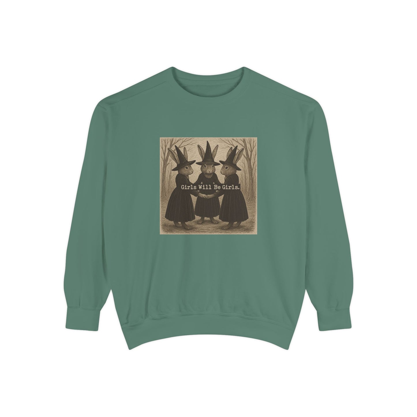 Girls Will Be Girls Rabbit Witch Circle – Garment-Dyed Bunny Sweatshirt | Halloween & Fall Collection