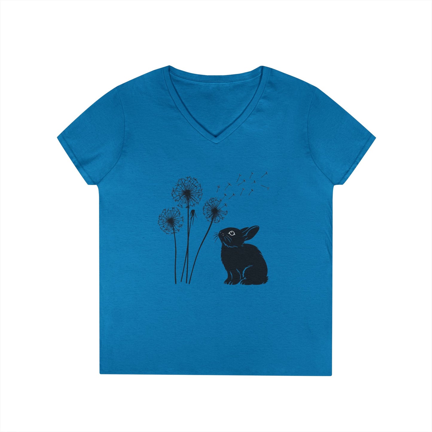 Wishful Whiskers Bunny & Dandelion V-Neck Tee – Cuniculture Club Original Whimsical Rabbit Shirt - Floral Dandelion Fashion - Nature Lover Gift