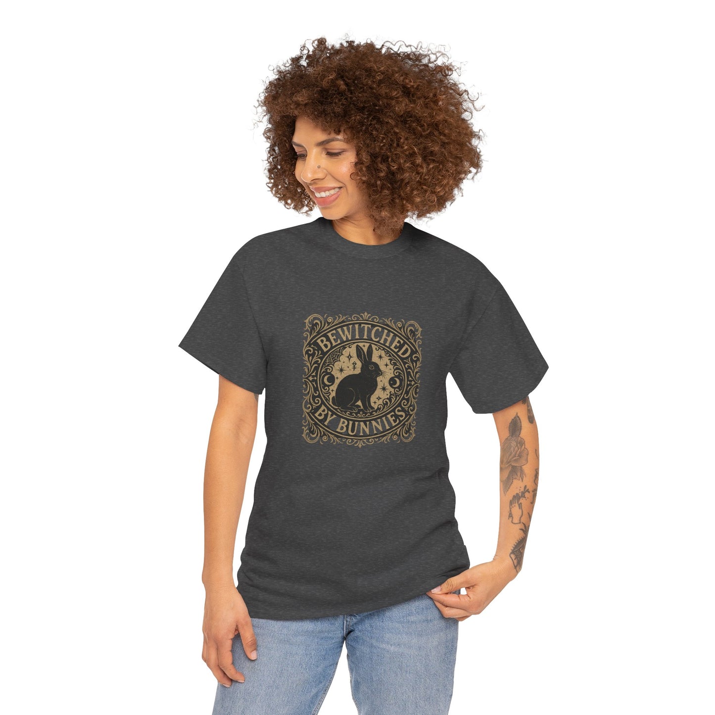 Bewitched by Bunnies Unisex Heavy Cotton T-Shirt – Enchanted Rabbit Halloween & Fall Graphic Tee | Bunny Lovers Gift