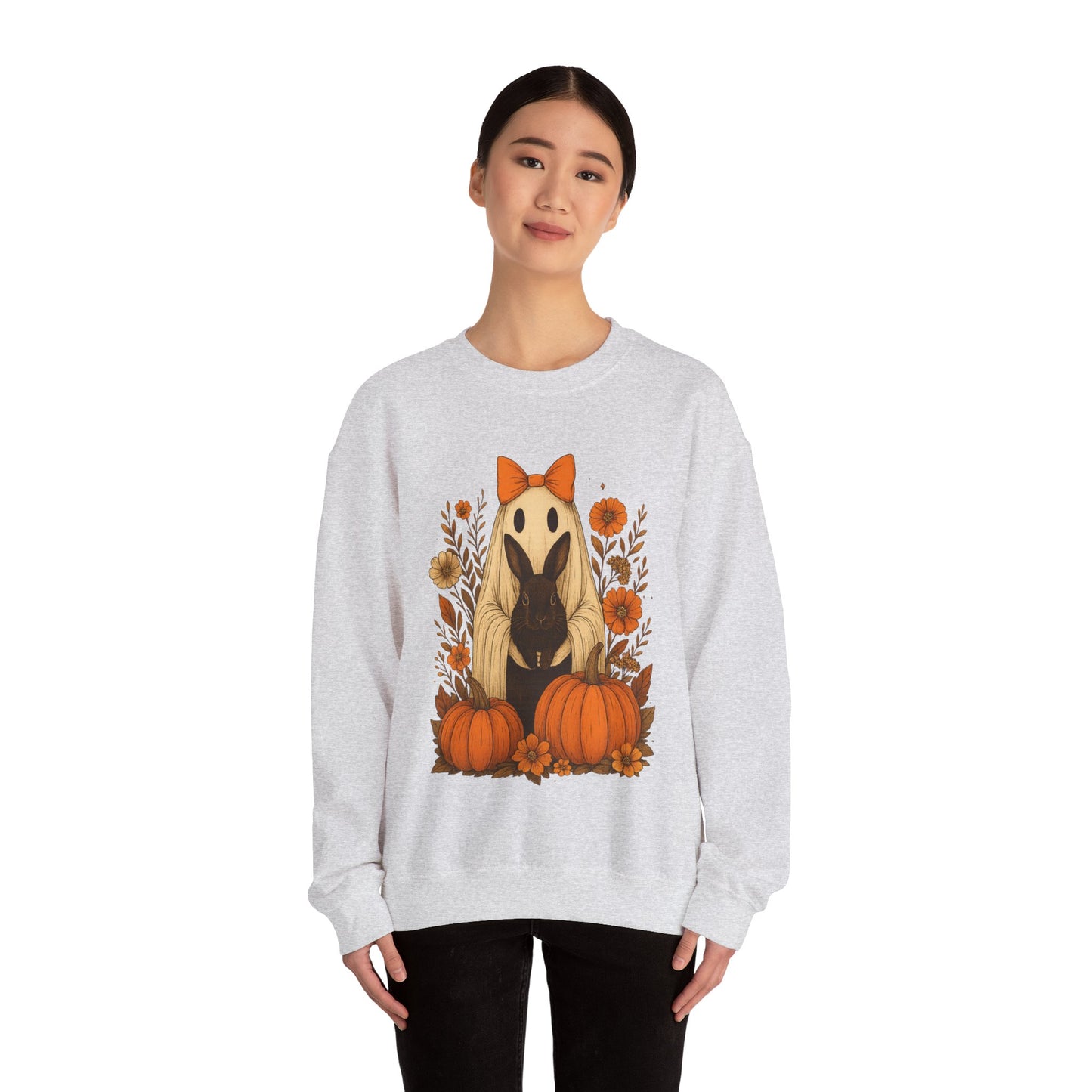Vintage Black Rabbit with Pumpkins & Florals - Ghostly Garden Bunny Halloween Sweatshirt – Autumn Ghost Crewneck - Cozy Cute Gift