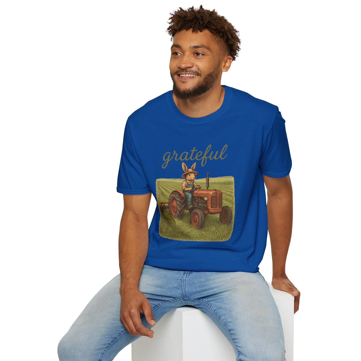 Grateful Acres Tractor Bunny Tee - Unisex Softstyle T-Shirt - Country Apparel - Farm Life Tee - Gift for Farmers & Rabbit Owners