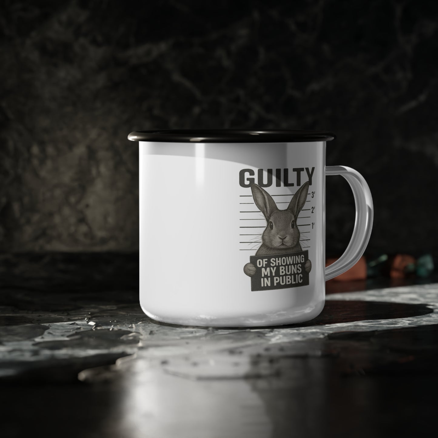 Guilty Bunny Enamel Camp Cup – Funny Mug for Rabbit & Coffee Lovers - Camping & Outdoors Gear - Bun Show Exhibitors