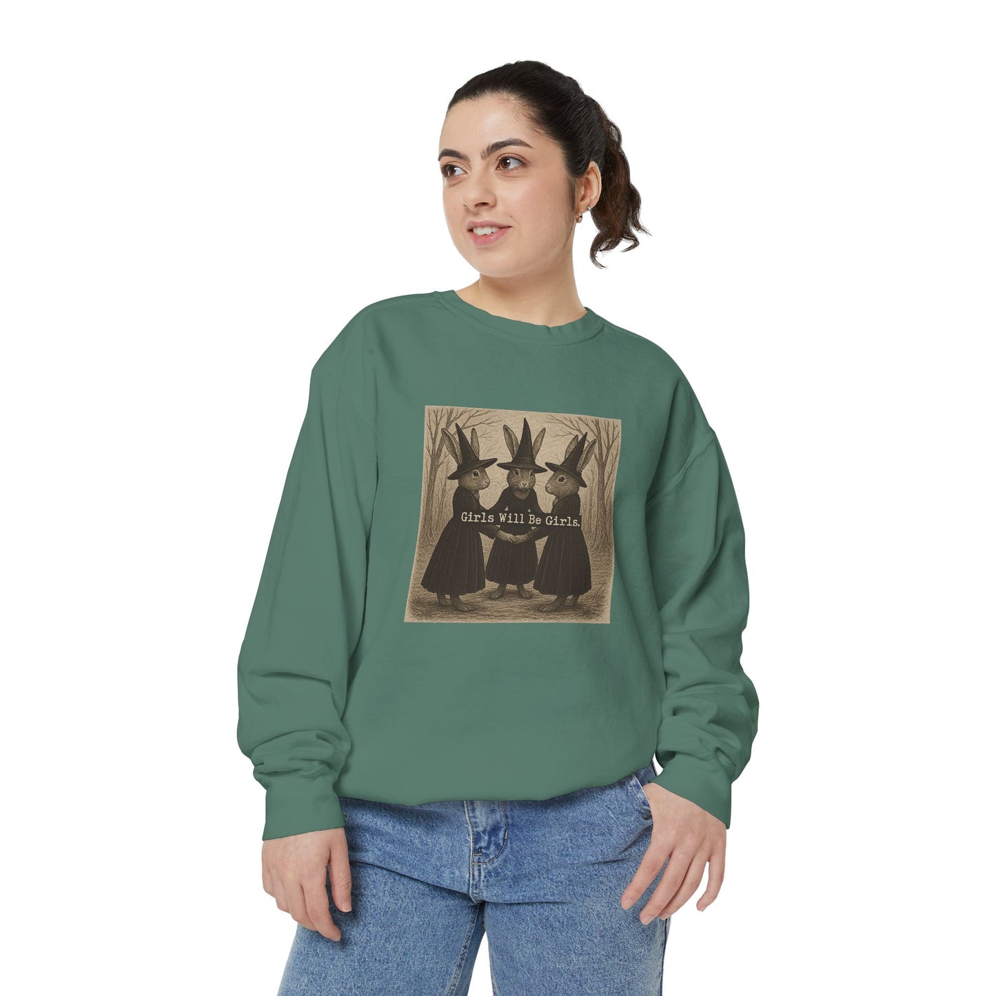 Girls Will Be Girls Rabbit Witch Circle – Garment-Dyed Bunny Sweatshirt | Halloween & Fall Collection