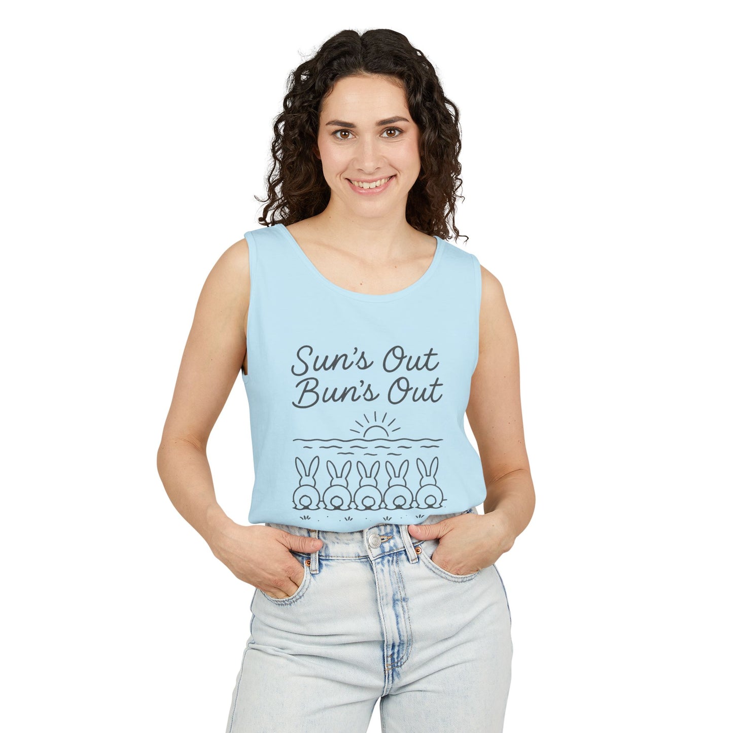 Sun's Out, Bun’s Out Tank Top – Funny Bunny Bums Summer Tee - Unisex Garment-Dyed | Beach Vibes - Vacation Apparel