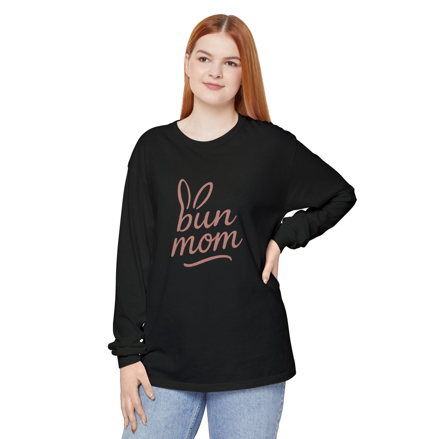 Bun Mom Long Sleeve T-Shirt | Rabbit Ears Vintage Dusty Rose Ink Script Tee - Bunny Lovers Gift Idea