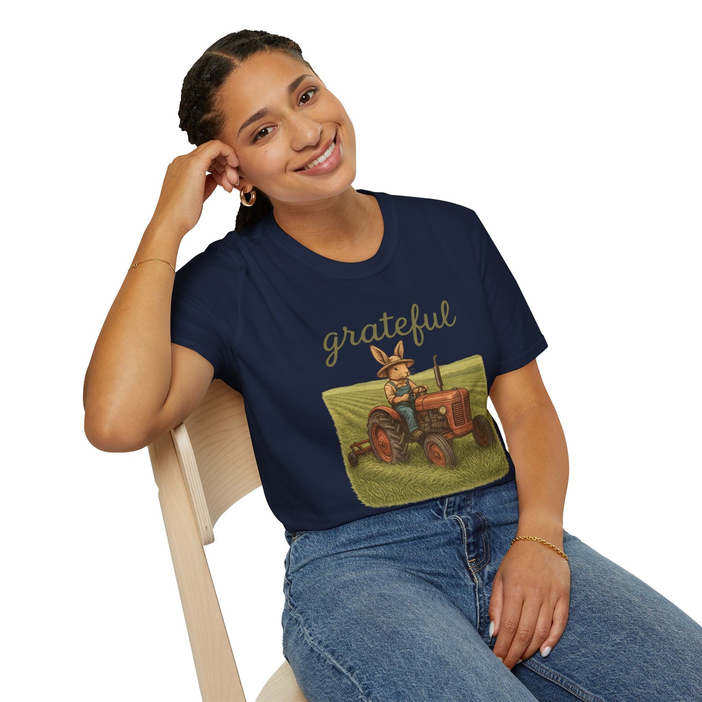 Grateful Acres Tractor Bunny Tee - Unisex Softstyle T-Shirt - Country Apparel - Farm Life Tee - Gift for Farmers & Rabbit Owners