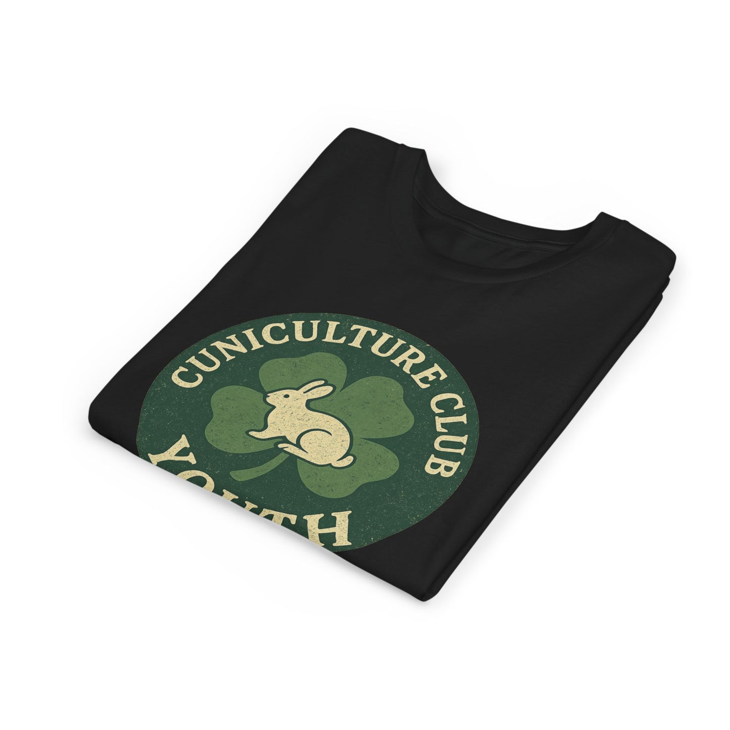 Cuniculture Club Youth Unisex T-Shirt – Distressed Clover & Bunny Emblem Tee - Fun Farm Kids Rabbit Club Shirt