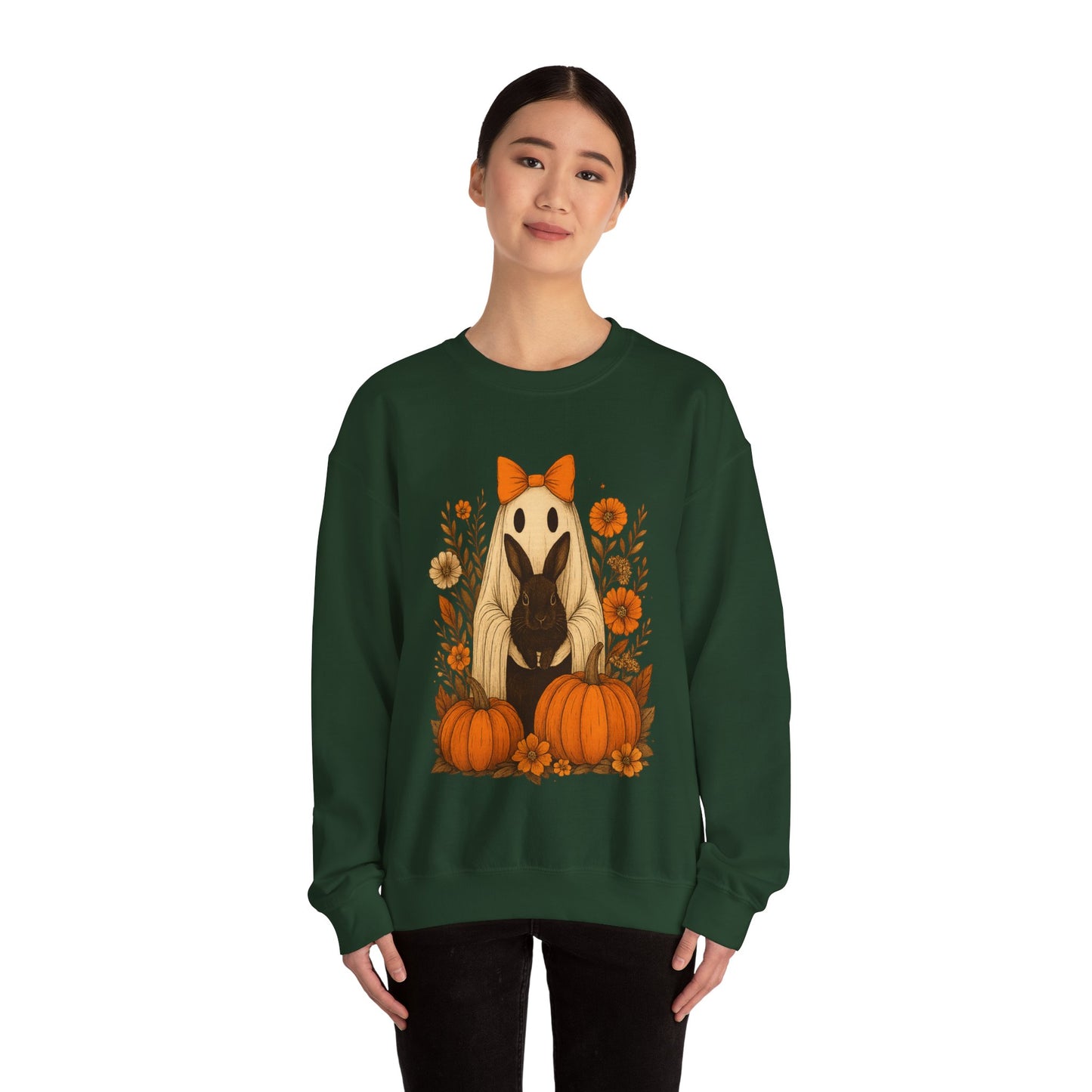 Vintage Black Rabbit with Pumpkins & Florals - Ghostly Garden Bunny Halloween Sweatshirt – Autumn Ghost Crewneck - Cozy Cute Gift