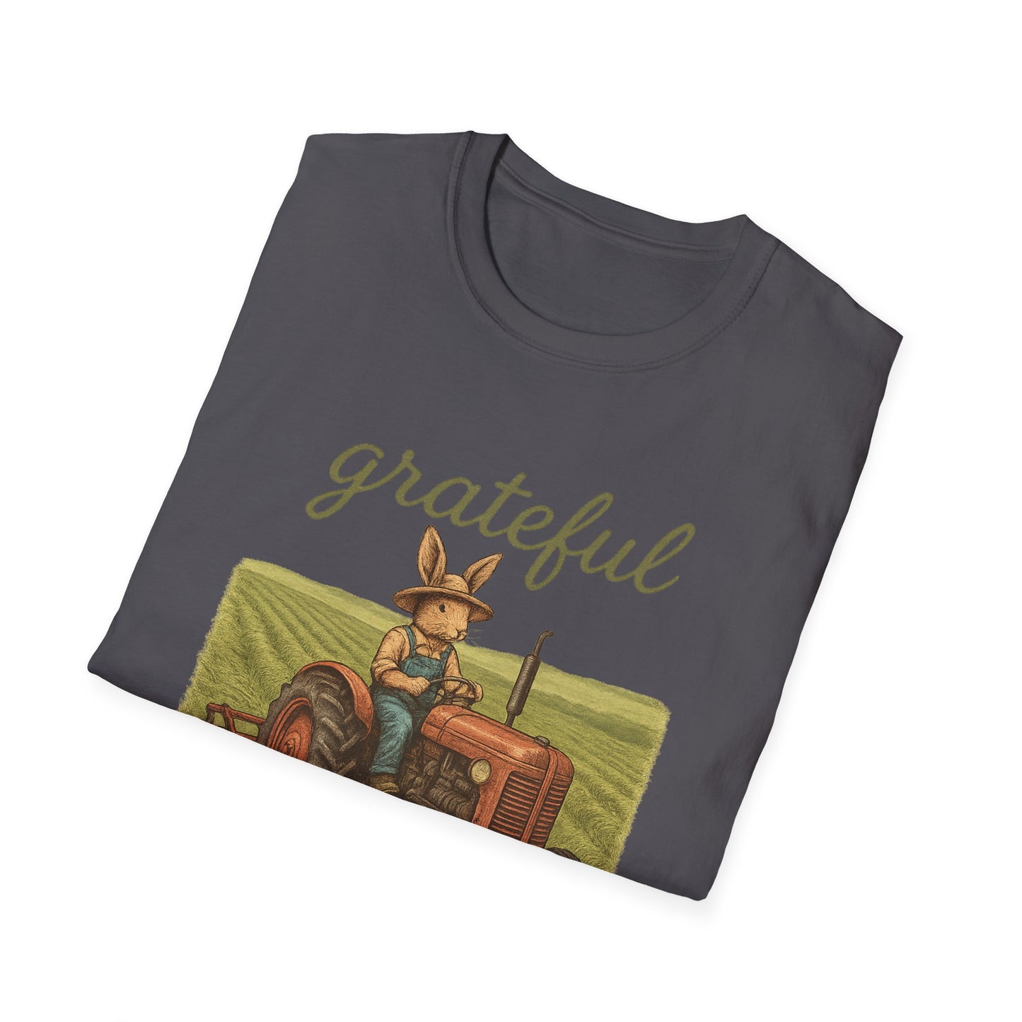 Grateful Acres Tractor Bunny Tee - Unisex Softstyle T-Shirt - Country Apparel - Farm Life Tee - Gift for Farmers & Rabbit Owners