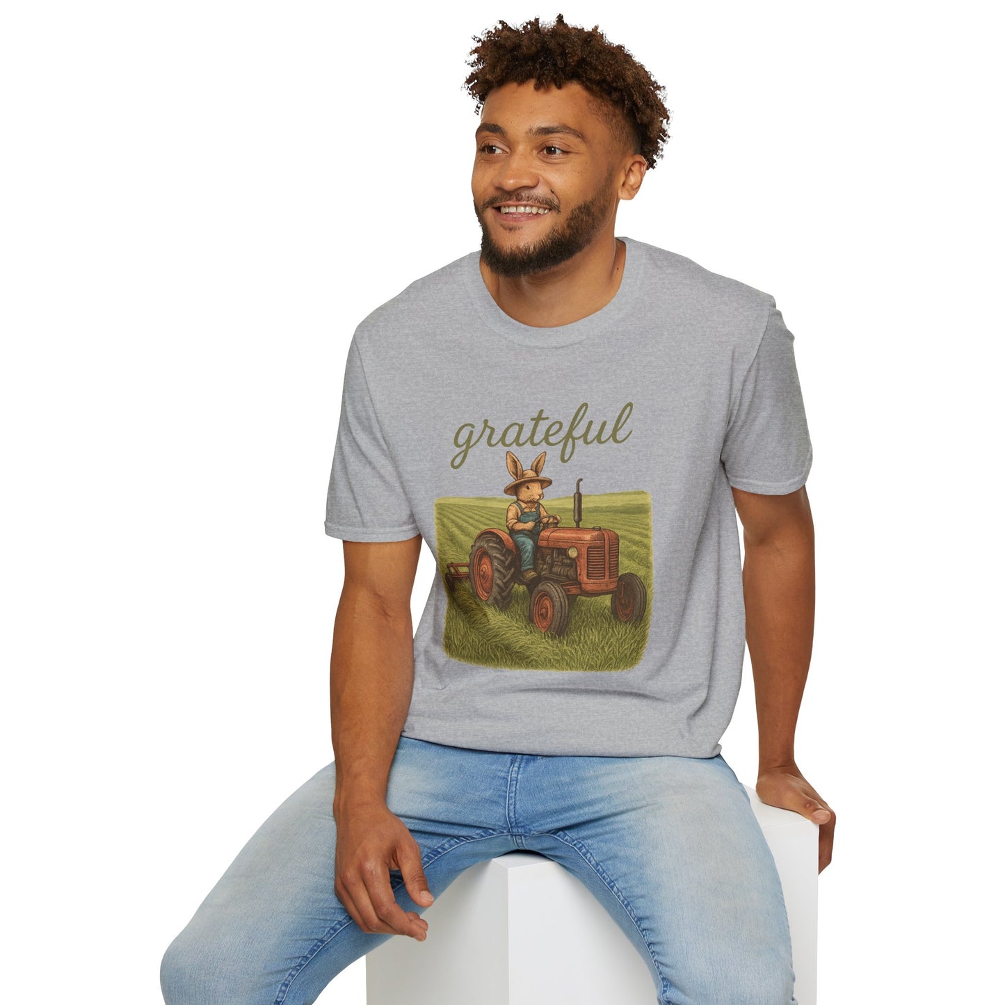 Grateful Acres Tractor Bunny Tee - Unisex Softstyle T-Shirt - Country Apparel - Farm Life Tee - Gift for Farmers & Rabbit Owners
