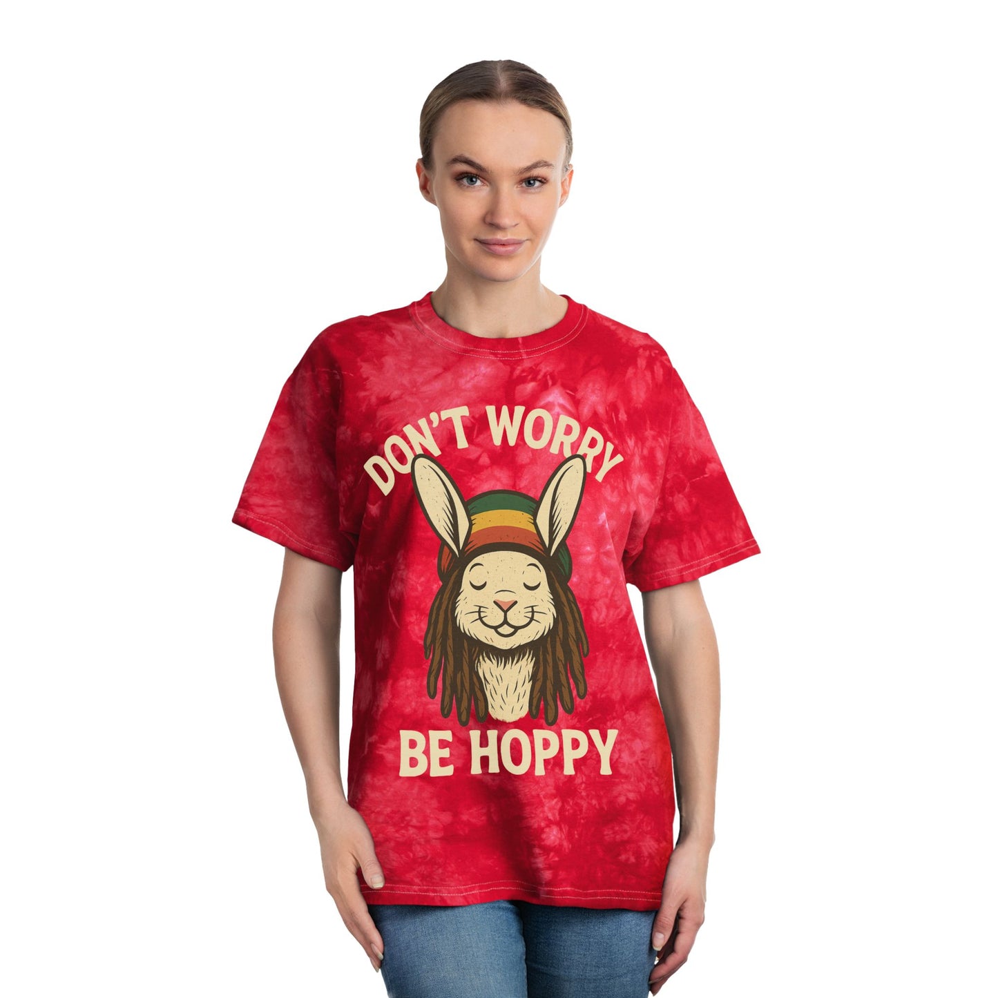 Don’t Worry Be Hoppy Tie-Dye Bunny Tee - Rasta Rabbit Reggae Hipster Shirt - Bohemian Style Top - Unisex Summer Tee - Vacation Outfit