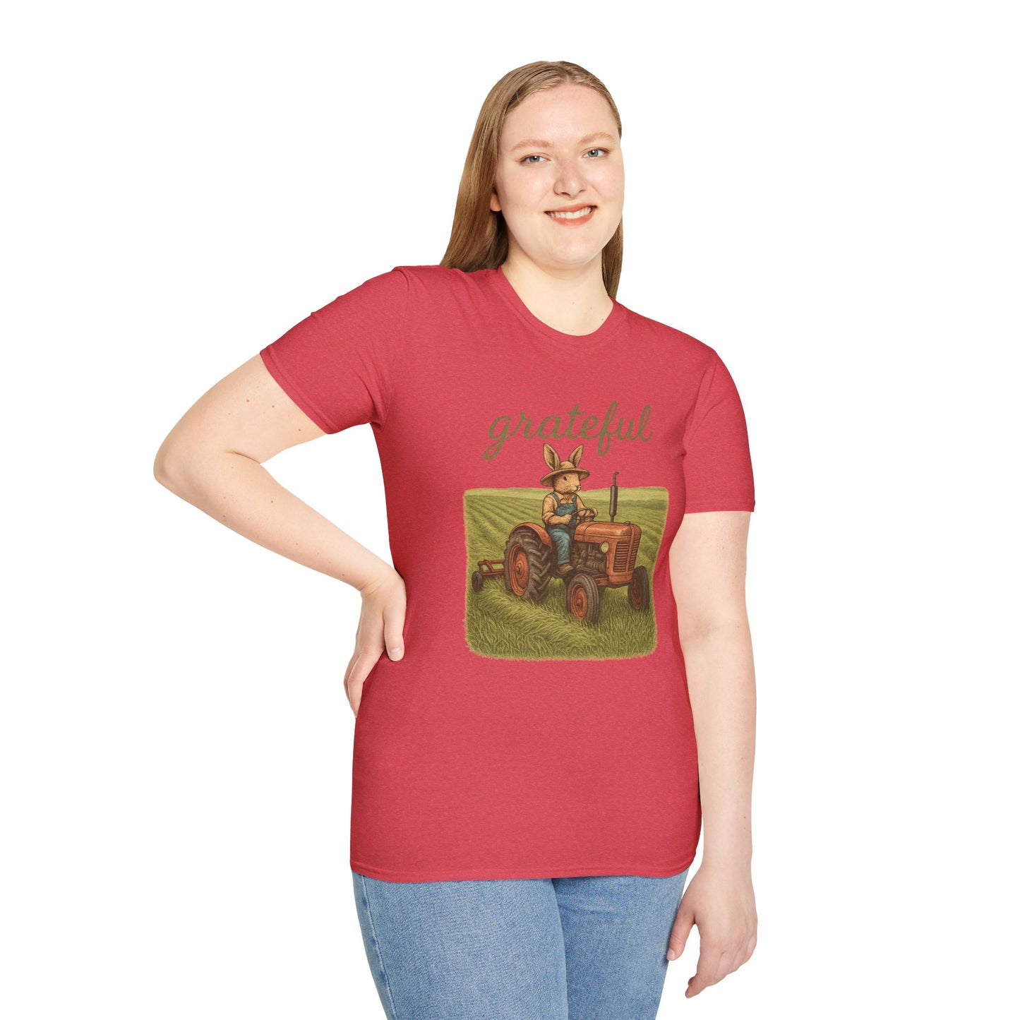 Grateful Acres Tractor Bunny Tee - Unisex Softstyle T-Shirt - Country Apparel - Farm Life Tee - Gift for Farmers & Rabbit Owners