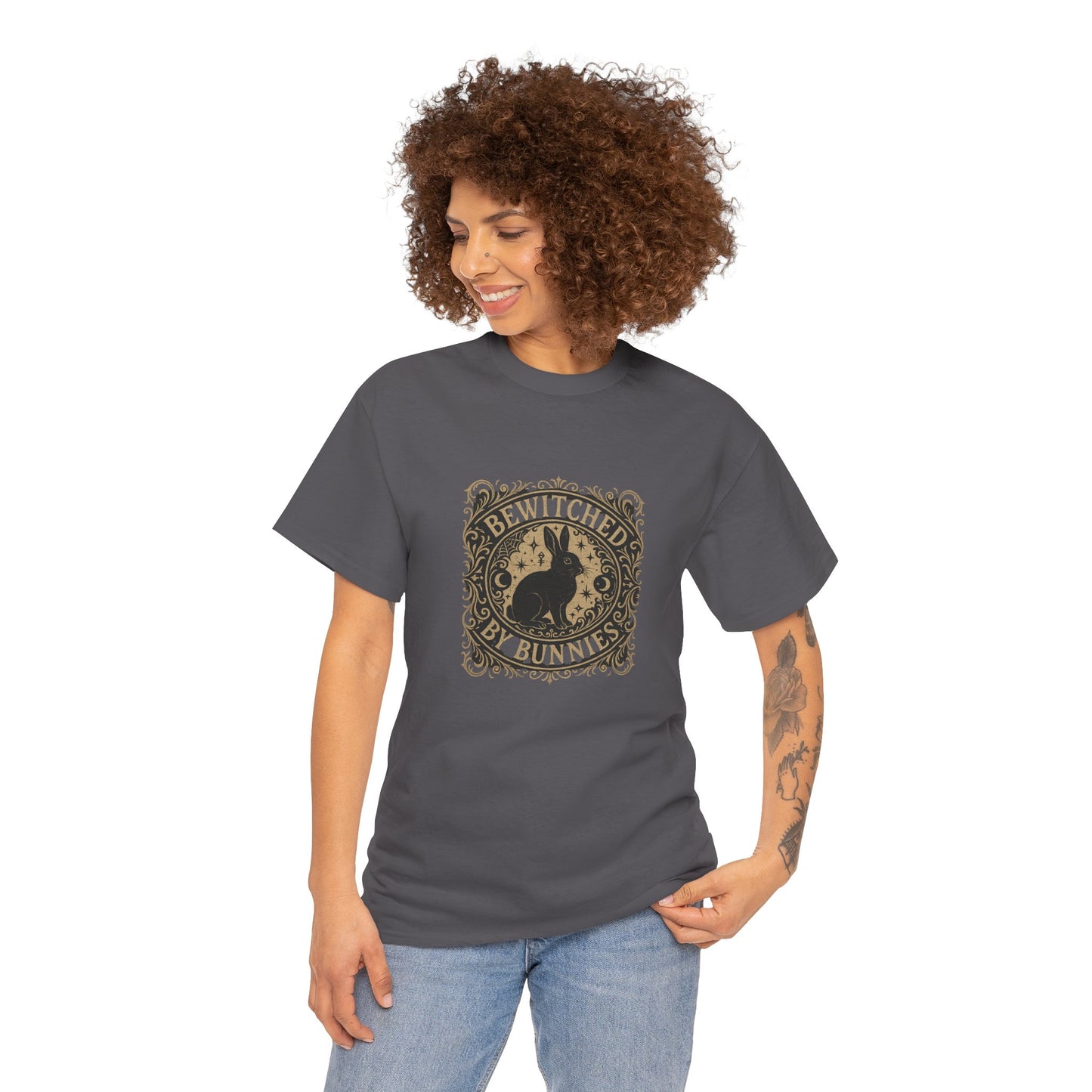 Bewitched by Bunnies Unisex Heavy Cotton T-Shirt – Enchanted Rabbit Halloween & Fall Graphic Tee | Bunny Lovers Gift