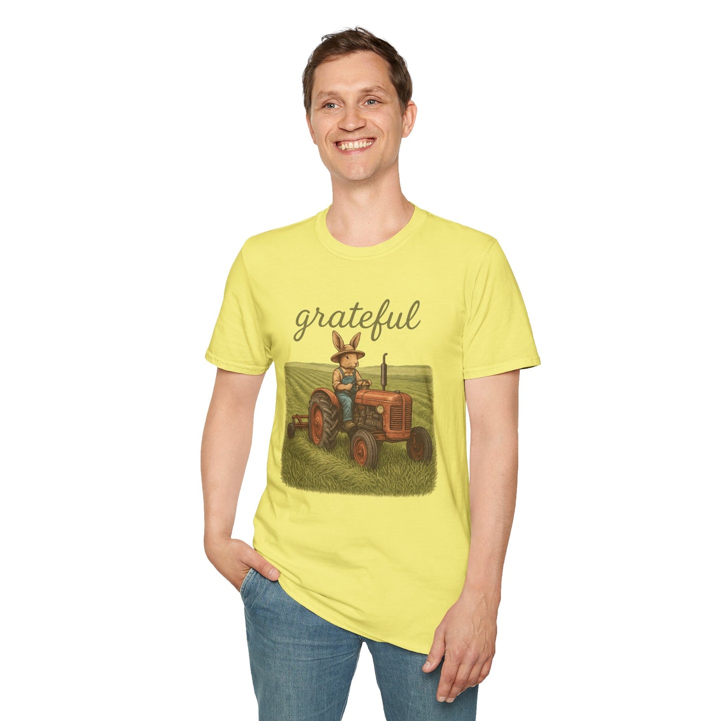 Grateful Acres Tractor Bunny Tee - Unisex Softstyle T-Shirt - Country Apparel - Farm Life Tee - Gift for Farmers & Rabbit Owners