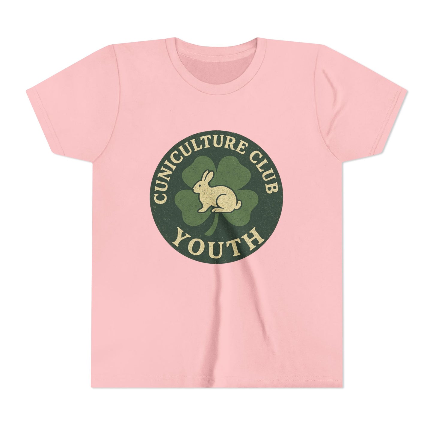 Cuniculture Club Youth Unisex T-Shirt – Distressed Clover & Bunny Emblem Tee - Fun Farm Kids Rabbit Club Shirt