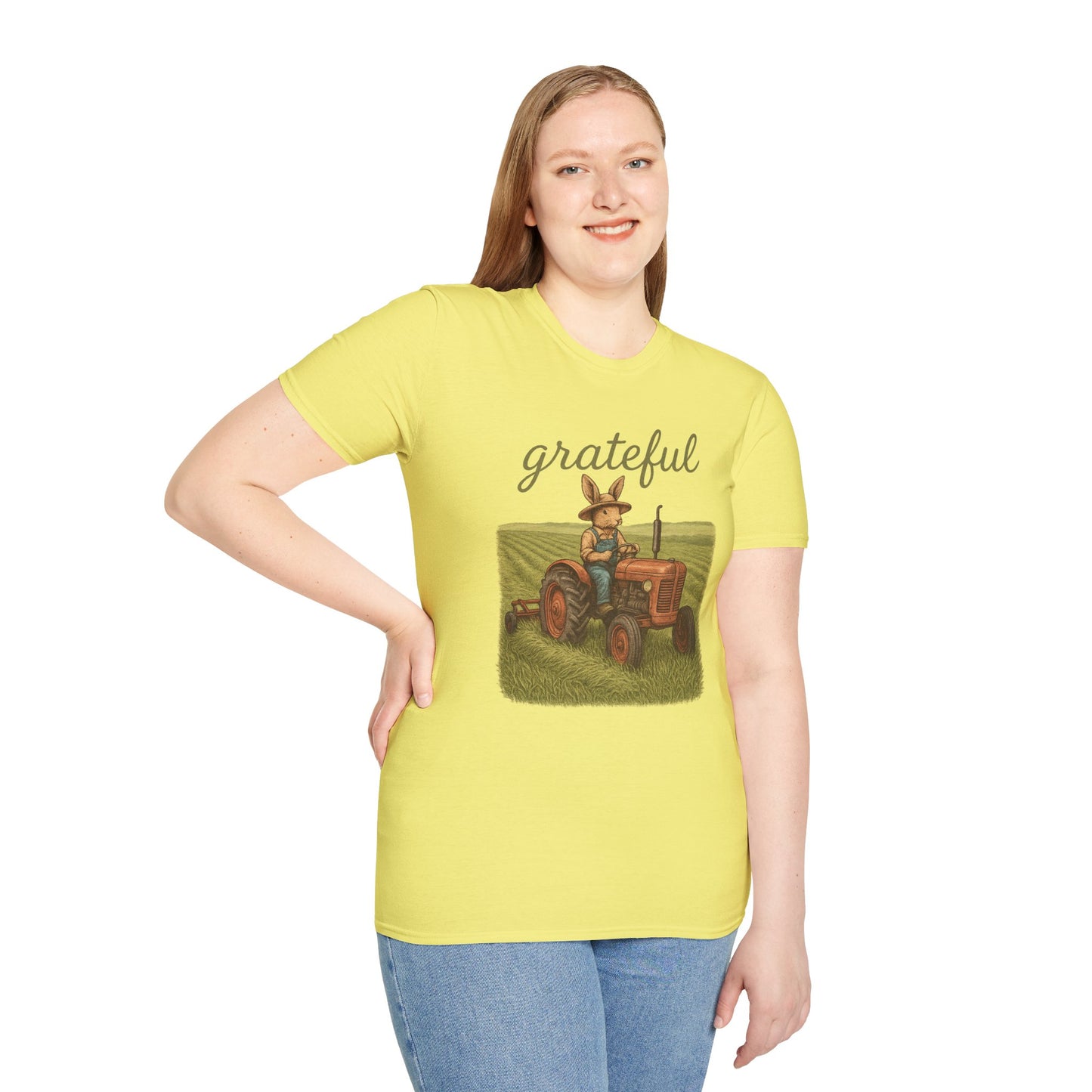 Grateful Acres Tractor Bunny Tee - Unisex Softstyle T-Shirt - Country Apparel - Farm Life Tee - Gift for Farmers & Rabbit Owners