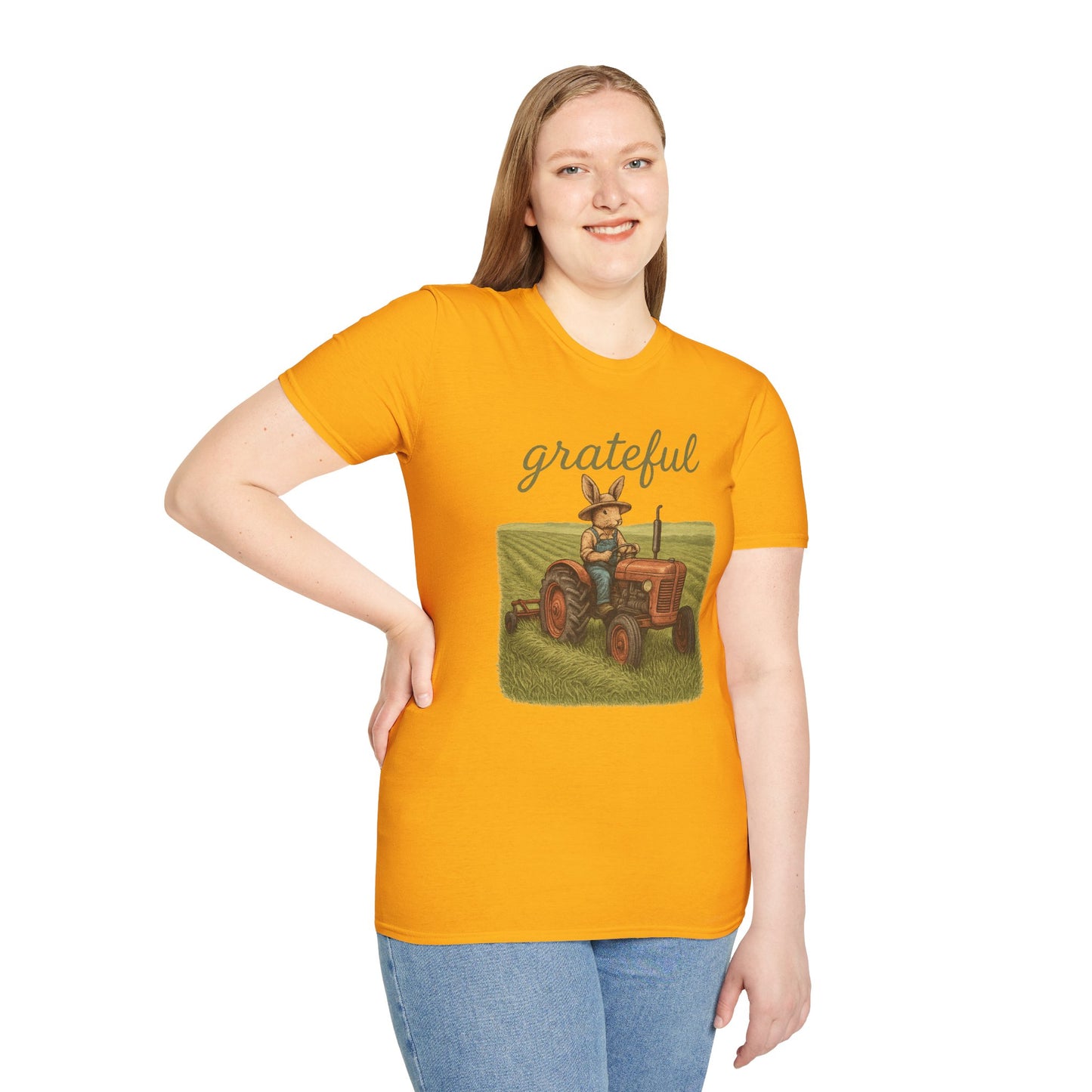 Grateful Acres Tractor Bunny Tee - Unisex Softstyle T-Shirt - Country Apparel - Farm Life Tee - Gift for Farmers & Rabbit Owners