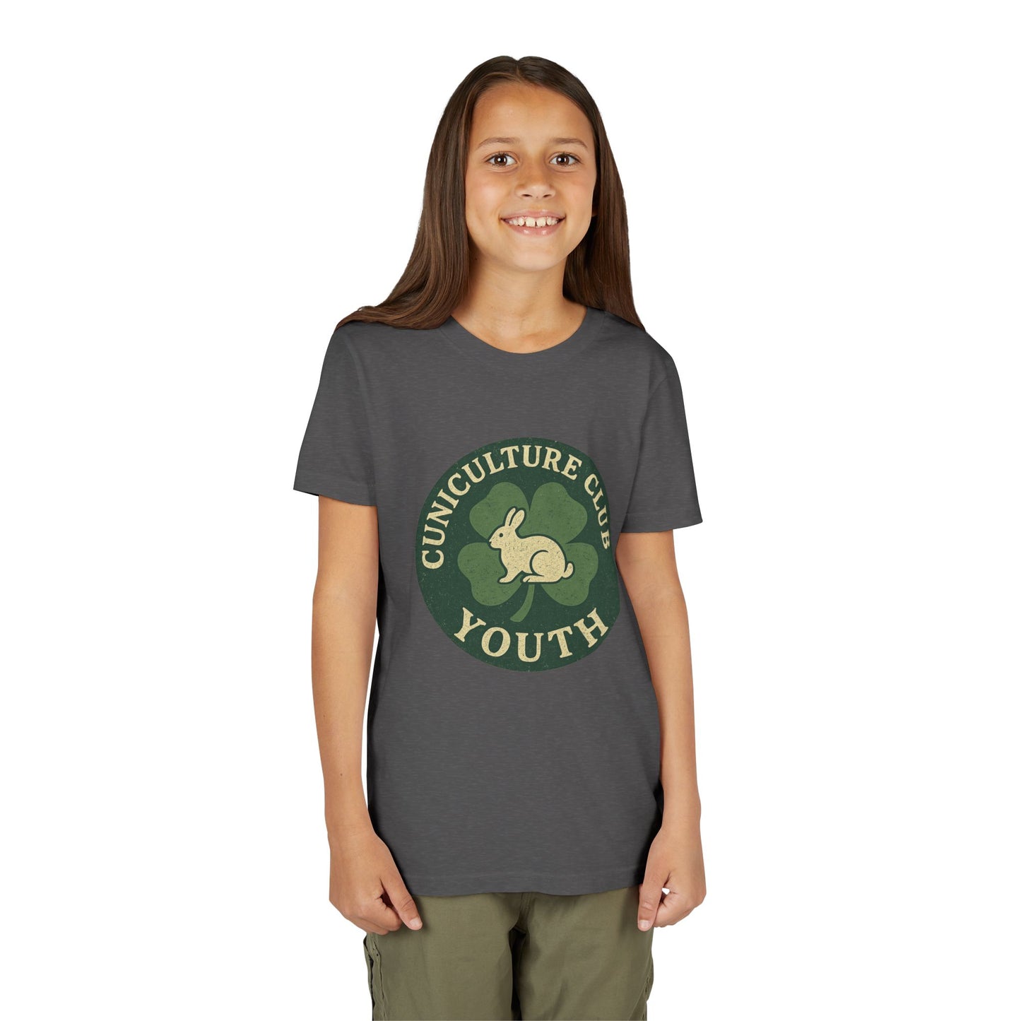 Cuniculture Club Youth Unisex T-Shirt – Distressed Clover & Bunny Emblem Tee - Fun Farm Kids Rabbit Club Shirt