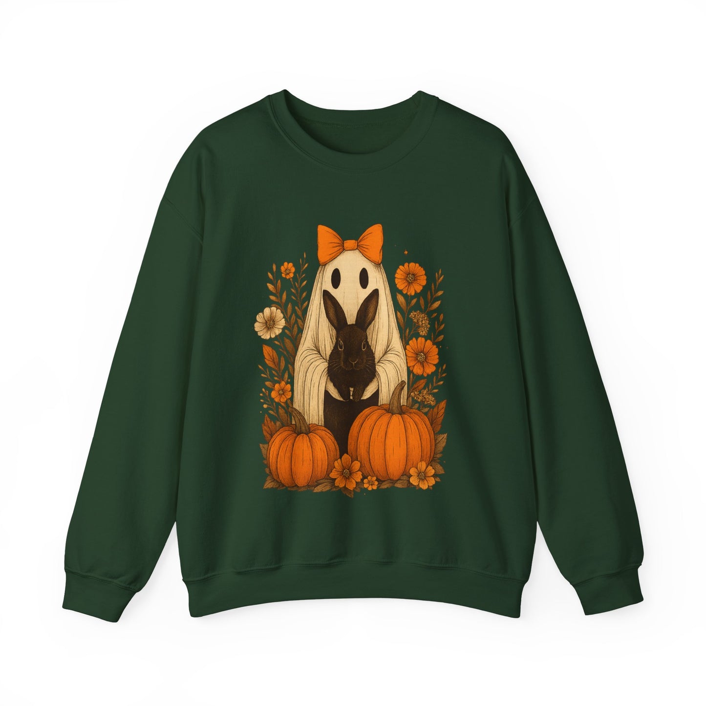 Vintage Black Rabbit with Pumpkins & Florals - Ghostly Garden Bunny Halloween Sweatshirt – Autumn Ghost Crewneck - Cozy Cute Gift