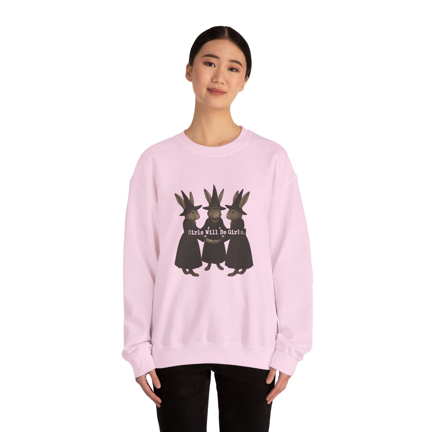 Girls Will Be Girls Witchy Rabbit Sweatshirt | Whimsical Bunny Witch Sisterhood Crewneck - Halloween & Fall Collection