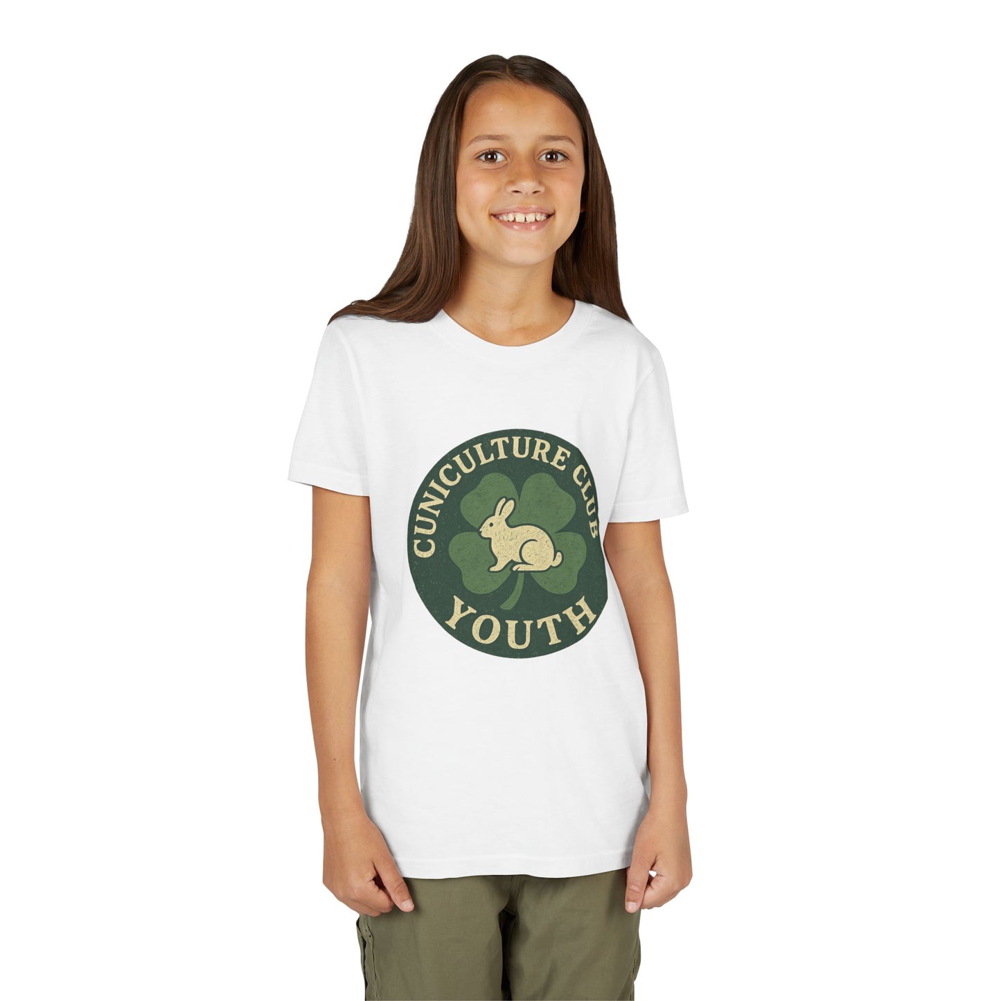 Cuniculture Club Youth Unisex T-Shirt – Distressed Clover & Bunny Emblem Tee - Fun Farm Kids Rabbit Club Shirt