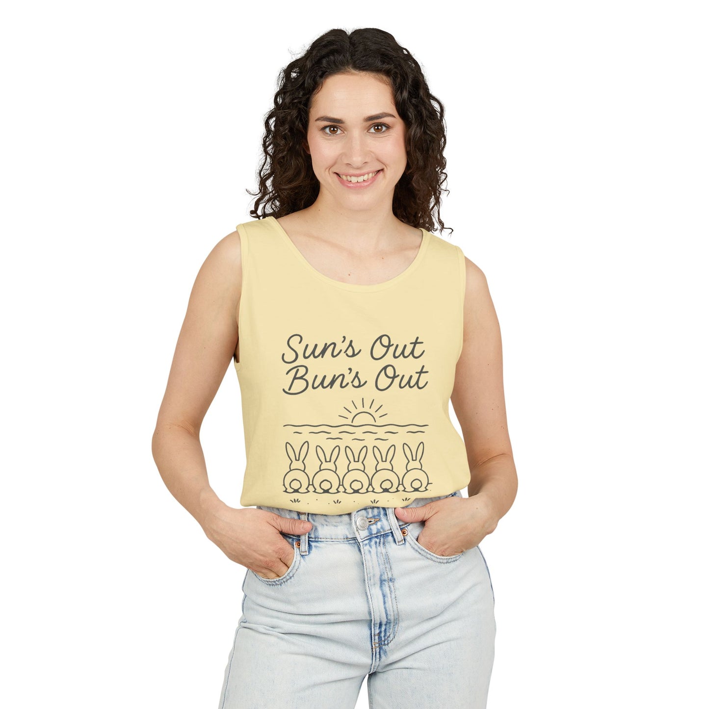 Sun's Out, Bun’s Out Tank Top – Funny Bunny Bums Summer Tee - Unisex Garment-Dyed | Beach Vibes - Vacation Apparel
