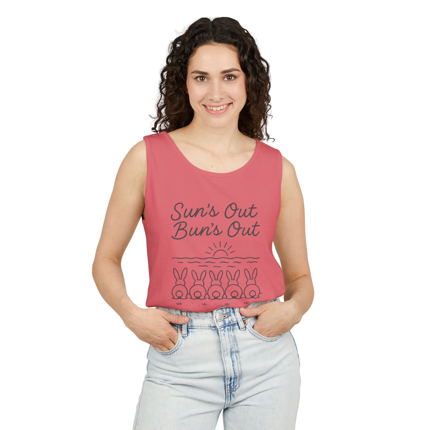 Sun's Out, Bun’s Out Tank Top – Funny Bunny Bums Summer Tee - Unisex Garment-Dyed | Beach Vibes - Vacation Apparel