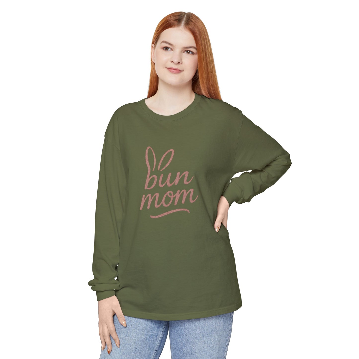 Bun Mom Long Sleeve T-Shirt | Rabbit Ears Vintage Dusty Rose Ink Script Tee - Bunny Lovers Gift Idea