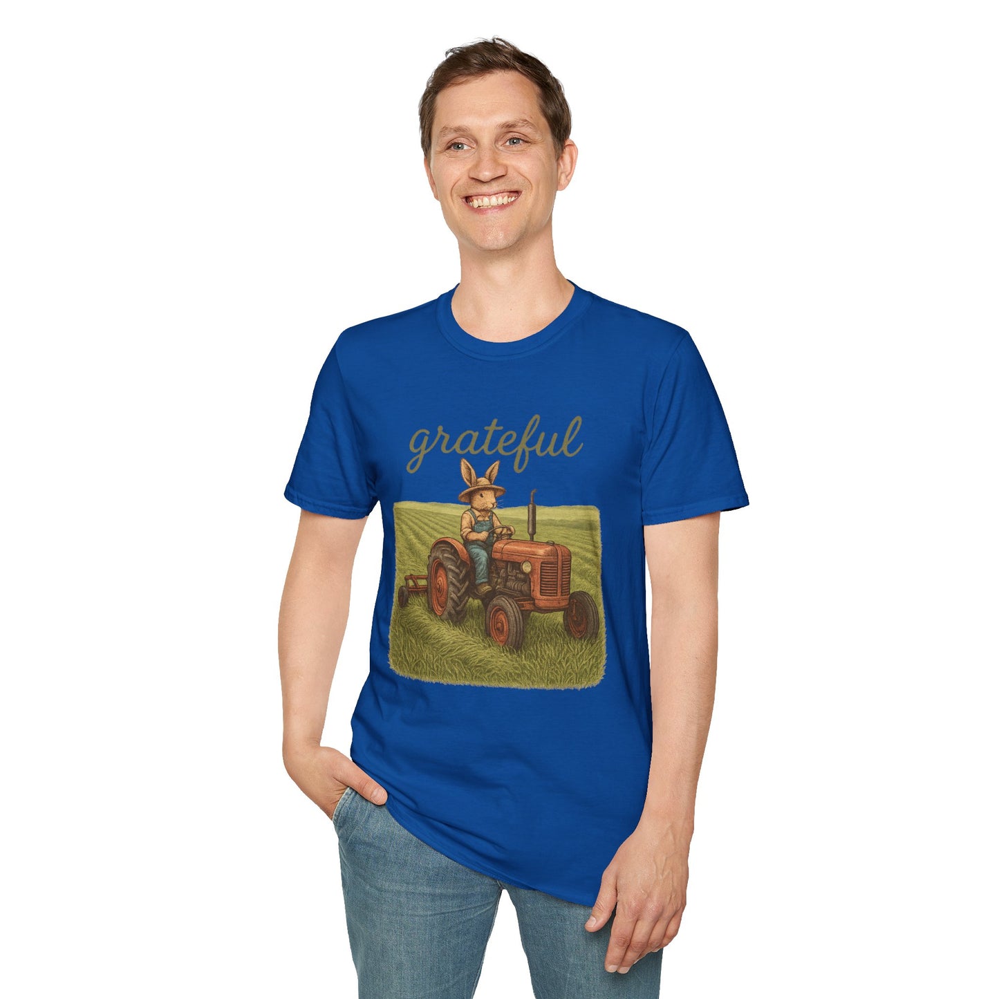 Grateful Acres Tractor Bunny Tee - Unisex Softstyle T-Shirt - Country Apparel - Farm Life Tee - Gift for Farmers & Rabbit Owners