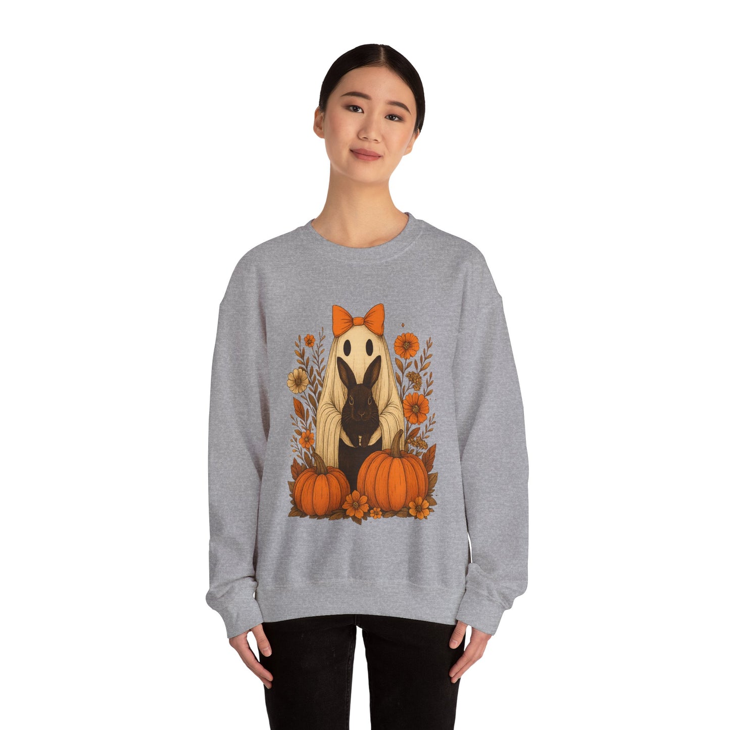 Vintage Black Rabbit with Pumpkins & Florals - Ghostly Garden Bunny Halloween Sweatshirt – Autumn Ghost Crewneck - Cozy Cute Gift