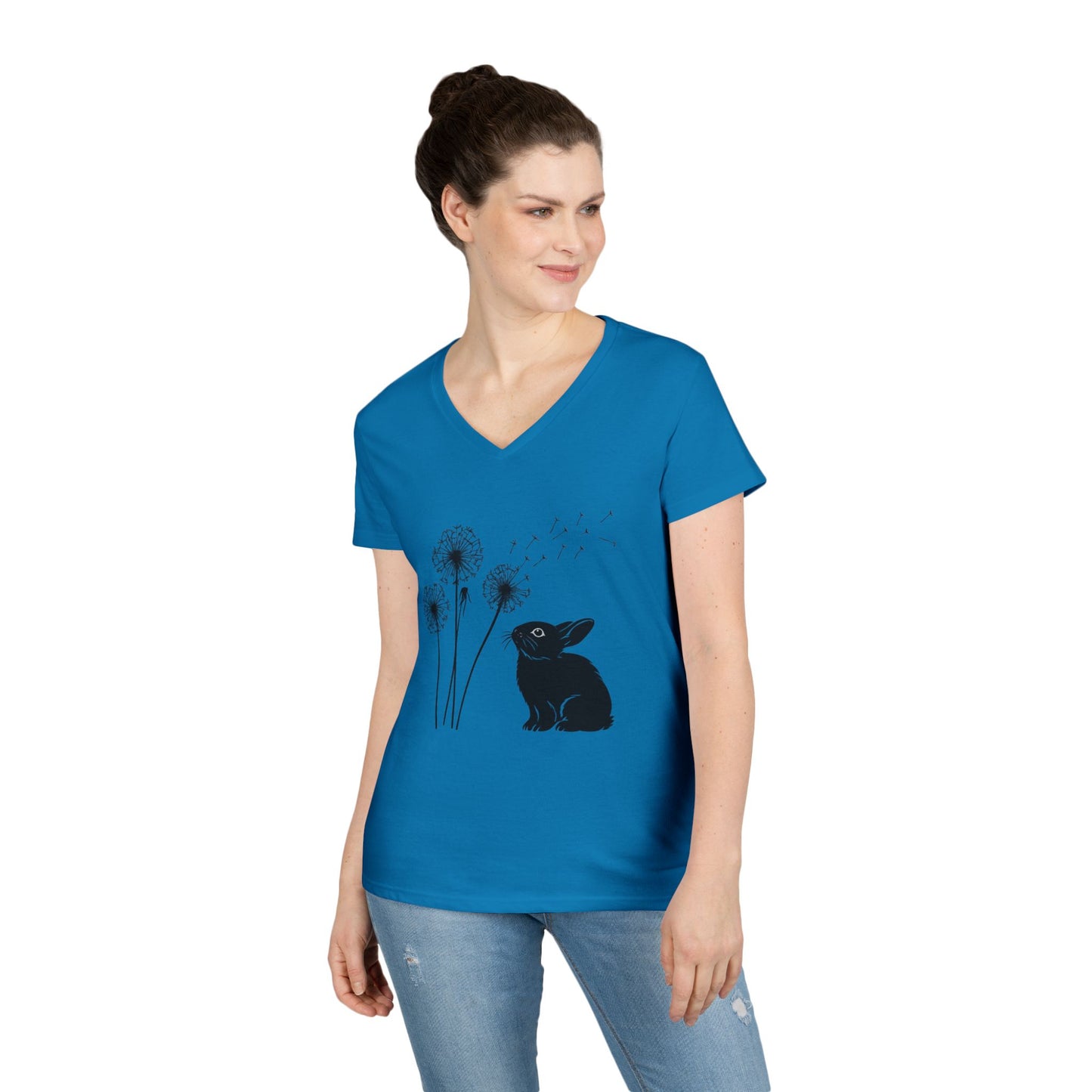 Wishful Whiskers Bunny & Dandelion V-Neck Tee – Cuniculture Club Original Whimsical Rabbit Shirt - Floral Dandelion Fashion - Nature Lover Gift