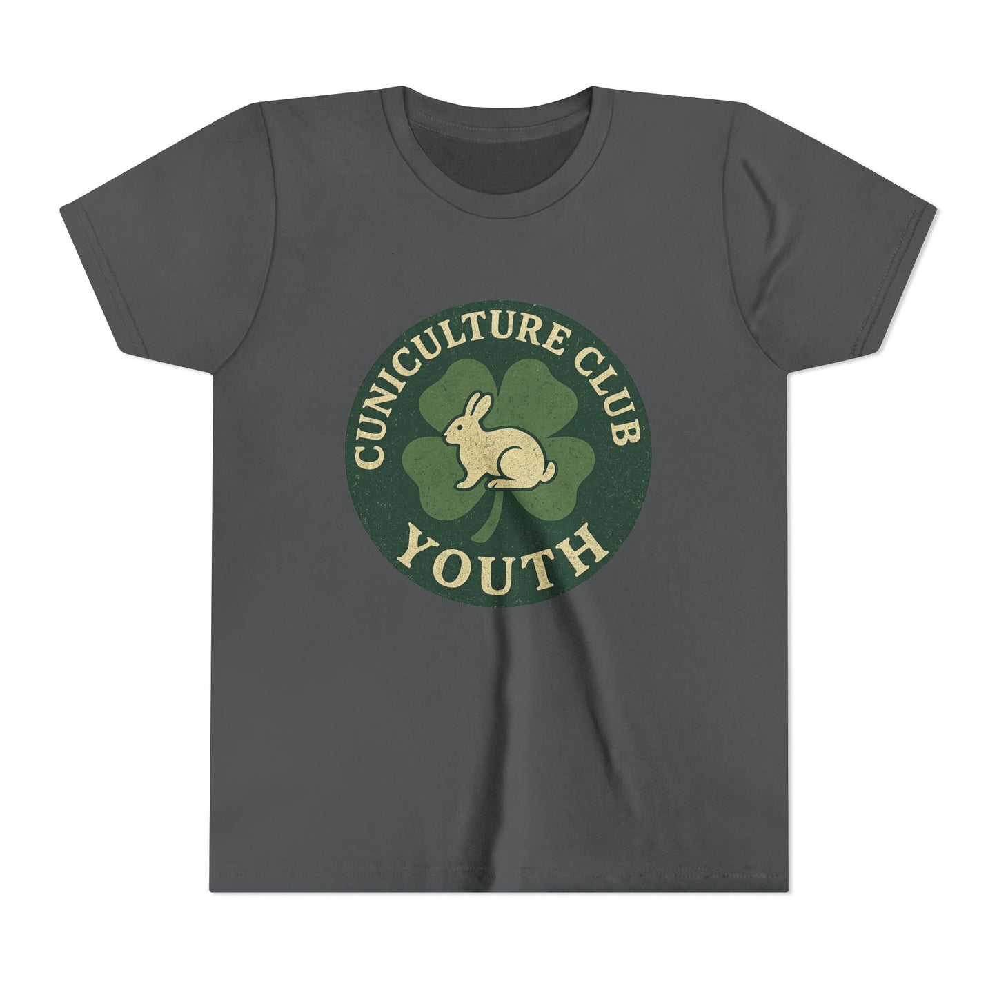 Cuniculture Club Youth Unisex T-Shirt – Distressed Clover & Bunny Emblem Tee - Fun Farm Kids Rabbit Club Shirt